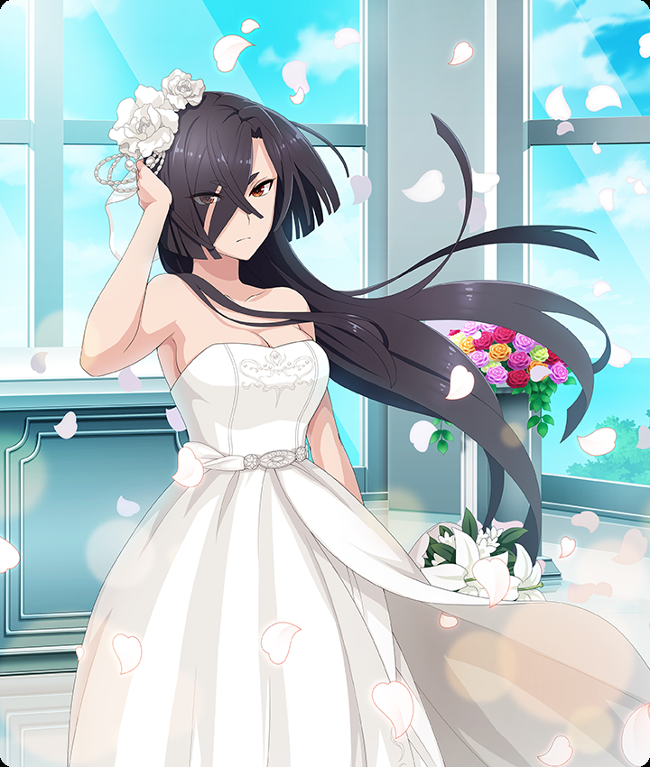 origami yukari, toji no miko, toji no miko: kizamishi issen no tomoshibi, game cg, official art, third-party source, 1girl, bare shoulders, black hair, blue sky, bouquet, breasts, brown eyes, cleavage, closed mouth, collarbone, day, dress, eyes visible through hair, falling petals, feet out of frame, flower, green flower, green rose, hair flower, hair ornament, hair over one eye, hand on own head, holding, holding bouquet, indoors, large breasts, lily (flower), long hair, looking at viewer, orange flower, orange rose, petals, purple flower, purple rose, red flower, red rose, rose, sky, solo, strapless, strapless dress, very long hair, wedding dress, white dress, white flower, white petals, window