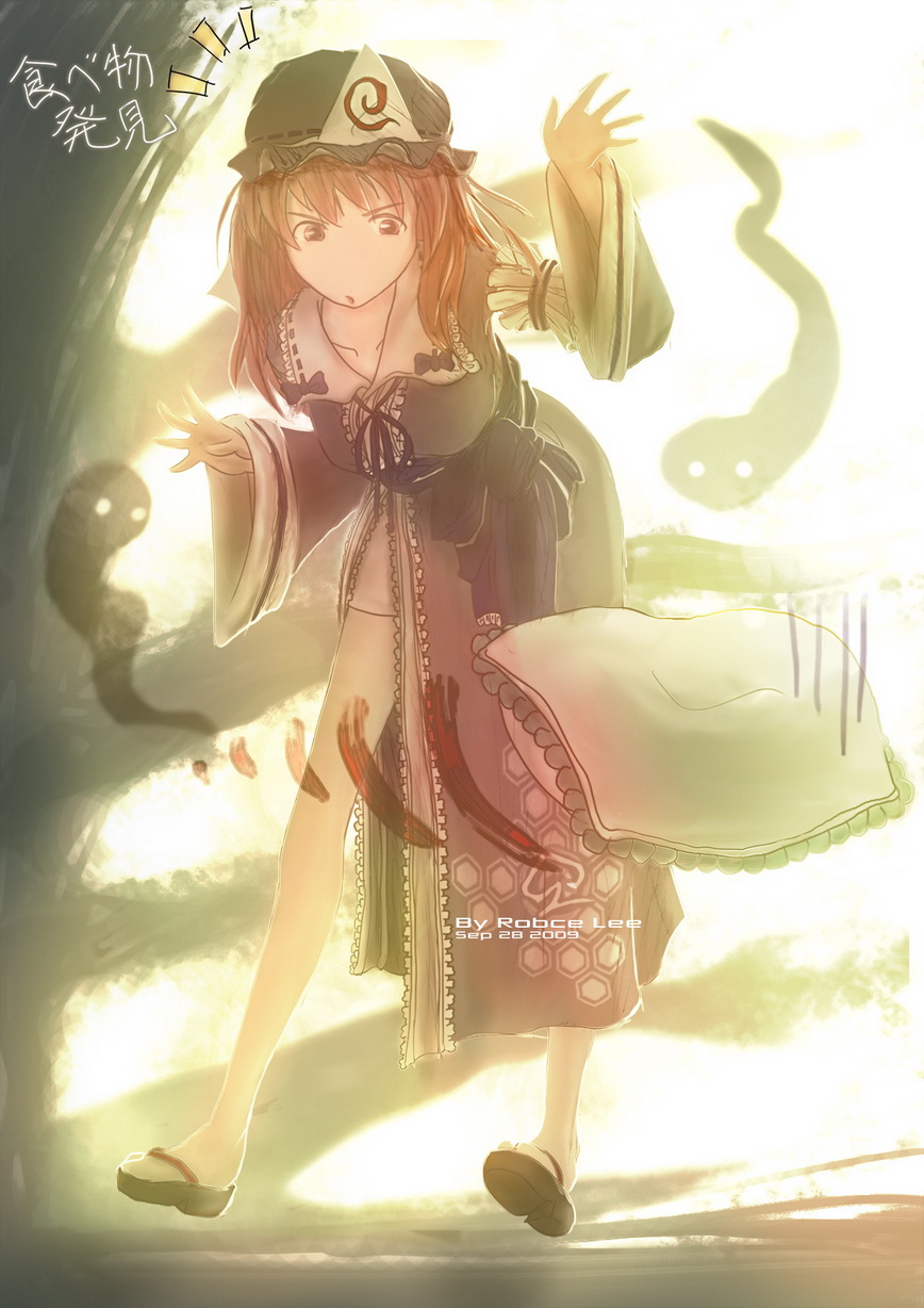 robce, robce lee, saigyouji yuyuko, touhou, highres, 1girl, clog sandals, dress, female focus, full body, hat, mob cap, pink hair, red eyes, sandals, short hair, solo, thighhighs, white background, zouri