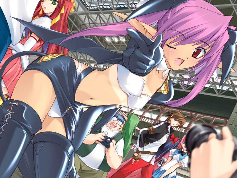 onigirikun, escalayer, kouenji sayuka, phil ehart, 5pb., alice soft, choukou (alicesoft), choukou tenshi escalayer, pastel chime, pastel chime continue, game cg, 2boys, 5girls, bat wings, bent over, bikini tan, blush, cameltoe, camera, cosplay, demon girl, elbow gloves, flat chest, gloves, latex, leather, long hair, miniskirt, multiple boys, multiple girls, one eye closed, otaku, panties, pantyshot, pointy ears, purple hair, red eyes, skirt, tail, tan, tanline, thighhighs, twintails, underwear, white panties, wings, wink