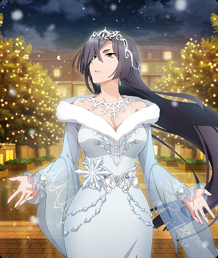 origami yukari, toji no miko, toji no miko: kizamishi issen no tomoshibi, game cg, official art, third-party source, 1girl, black hair, black sky, breasts, brick road, brown eyes, building, christmas, christmas lights, cleavage, cloud, cowboy shot, dress, earrings, floating earrings, fur-trimmed dress, fur trim, jewelry, large breasts, long hair, long sleeves, looking up, night, off-shoulder dress, off shoulder, outdoors, outstretched hand, parted lips, see-through clothes, see-through sleeves, sky, snowflake ornament, snowing, solo, teeth, tree, very long hair, white dress