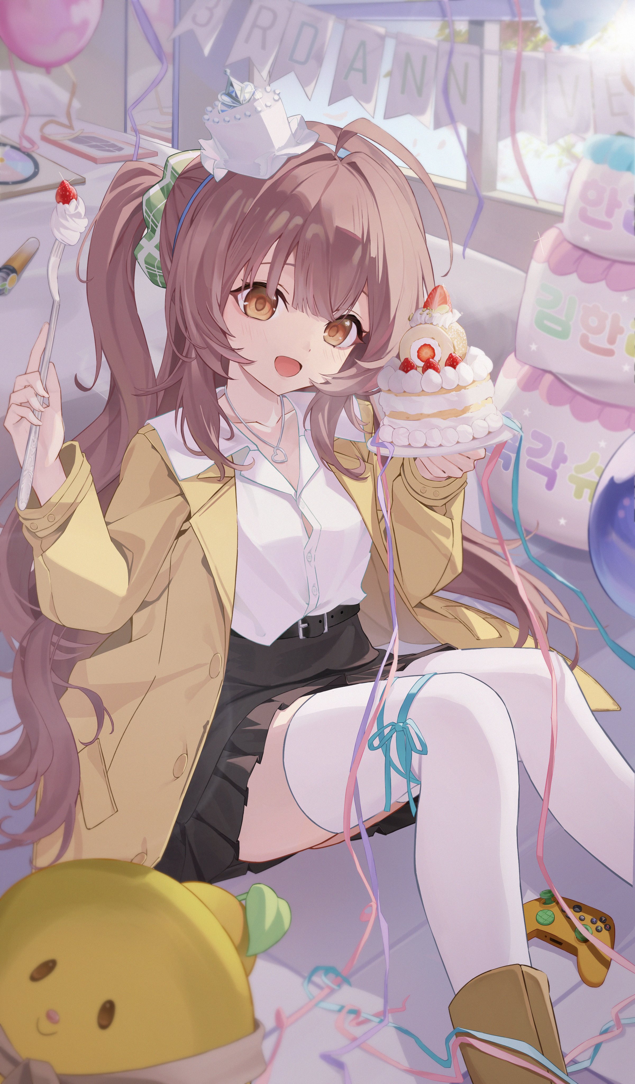 kurimui2, indie virtual youtuber, absurdres, commentary request, highres, korean commentary, 1girl, balloon, belt, black belt, black skirt, brown eyes, brown hair, cardigan, collared shirt, controller, food, fork, fruit, game controller, game halla, heart, heart necklace, holding, holding fork, jewelry, milestone celebration, necklace, open cardigan, open clothes, open mouth, shirt, skirt, strawberry, thighhighs, virtual youtuber, white shirt, white thighhighs, yellow cardigan