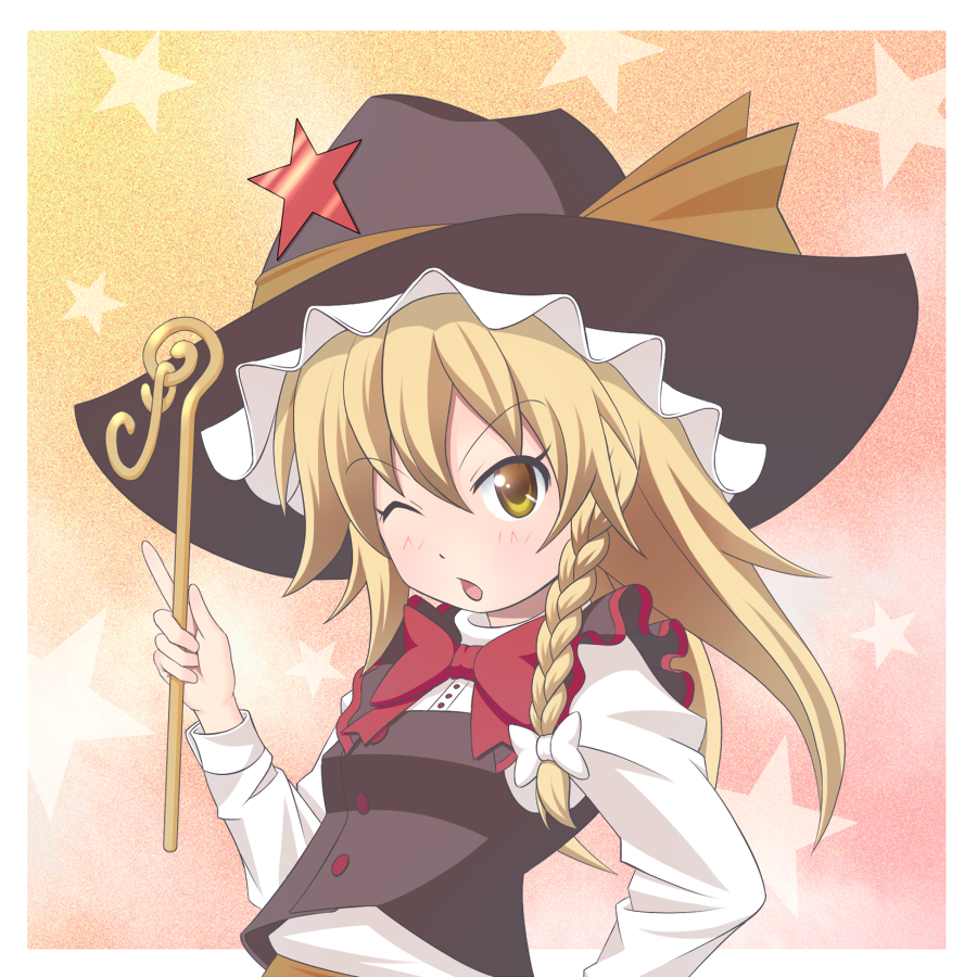 azuma takeshi, azuma takeshi (andon kandelaar), kirisame marisa, touhou, undefined fantastic object, 1girl, blonde hair, bow, braid, cowboy hat, cowboy western, female focus, hair bow, hat, one eye closed, solo, star (symbol), wand, wink, yellow eyes