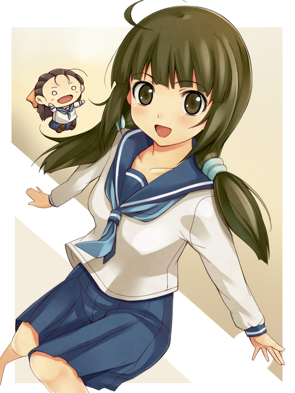 kisugi akira, kikusaka kochou, sakurami kyouko, taishou yakyuu musume, 00s, ahoge, brown hair, chibi, green eyes, green hair, o o, school uniform, serafuku, skirt, twintails
