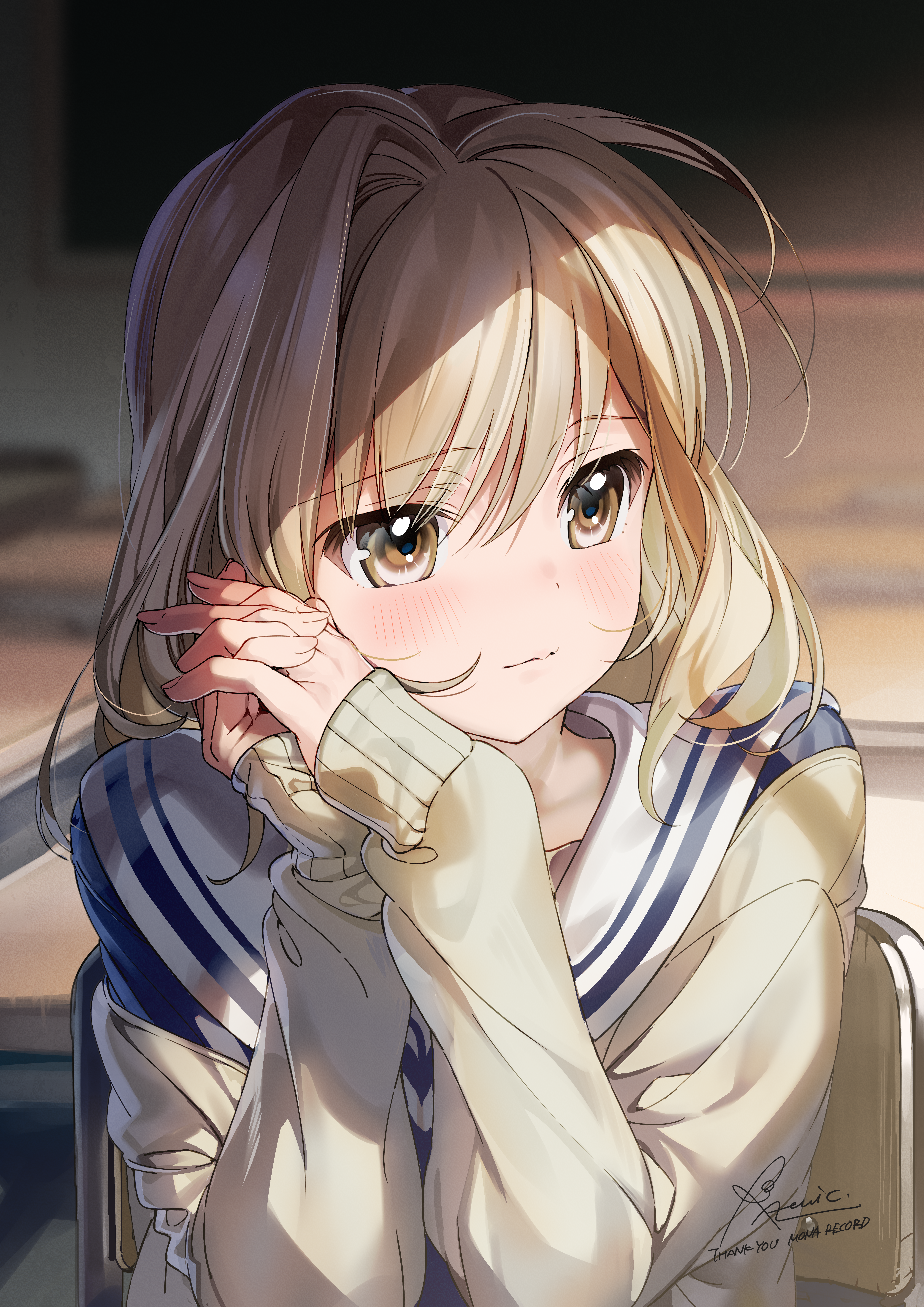 almic, original, absurdres, commentary request, highres, 1girl, blonde hair, blurry, blurry background, brown hair, closed mouth, depth of field, film grain, hair between eyes, hands up, indoors, long bangs, long hair, long sleeves, sailor collar, signature, solo, sweater, swept bangs, upper body, white sailor collar, yellow sweater