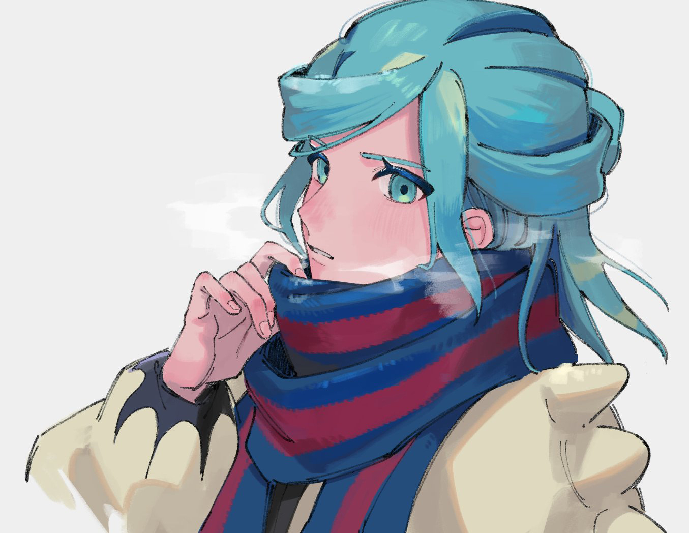 hatemadeimym, grusha (pokemon), nintendo, pokemon, pokemon sv, commentary, commentary request, duplicate, 1boy, blue eyes, blue scarf, breath, colored eyelashes, eyelashes, jacket, long sleeves, looking at viewer, male focus, pulling own clothes, red scarf, scarf, solo, striped clothes, striped scarf, two-tone scarf, white background, yellow jacket