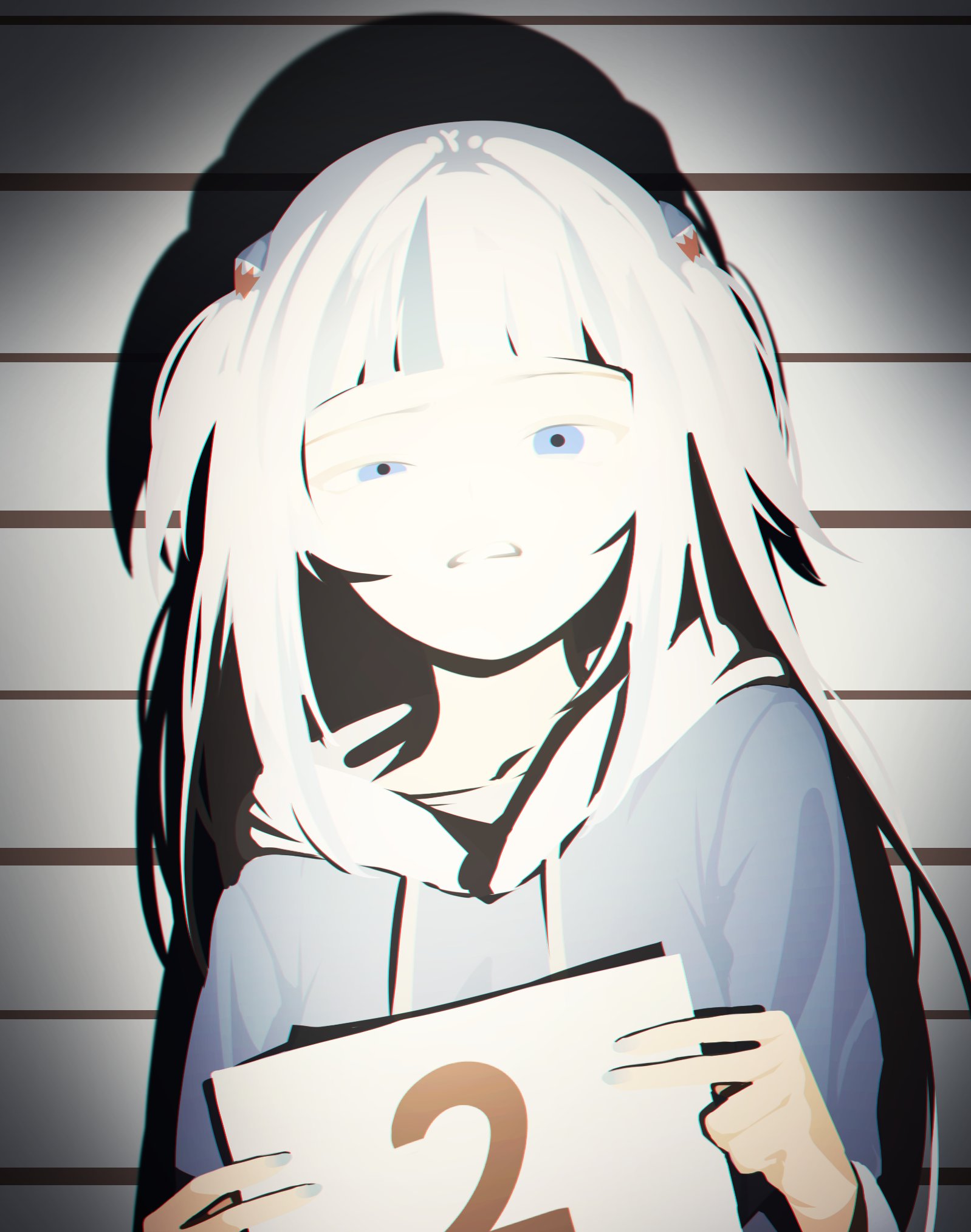 yoruny, gawr gura, gawr gura (1st costume), hololive, hololive english, commentary, english commentary, highres, 1girl, blue eyes, blue hair, blue hoodie, camera flash, drawstring, grey hair, hair ornament, half-closed eye, height chart, holding, holding sign, hood, hoodie, long sleeves, looking at viewer, mugshot, multicolored hair, parted lips, shadow, shark hair ornament, sign, solo, standing, streaked hair, upper body, virtual youtuber