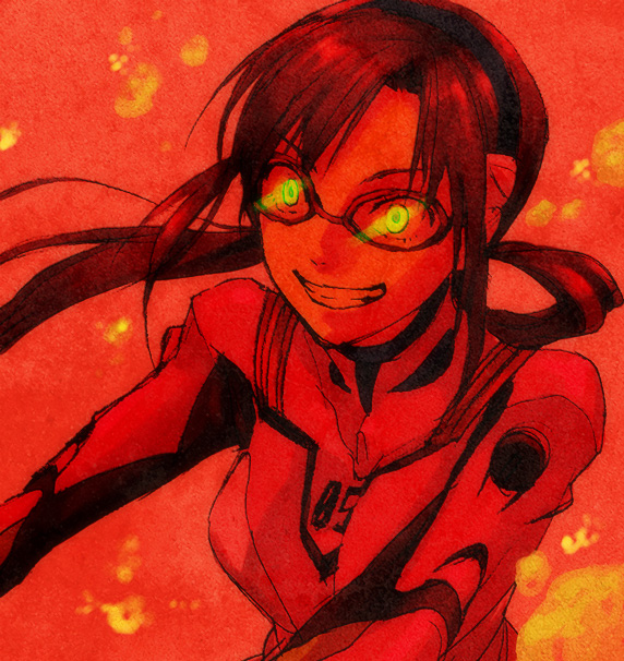 konno nigou, makinami mari illustrious, neon genesis evangelion, rebuild of evangelion, bad id, bad pixiv id, 00s, 1girl, female focus, glasses, glowing, glowing eyes, green eyes, lcl, light trail, red theme, solo