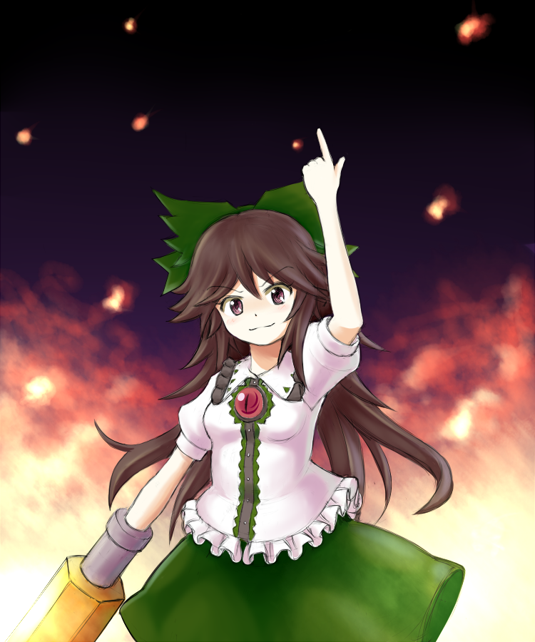 azuma takeshi, azuma takeshi (andon kandelaar), reiuji utsuho, touhou, 1girl, bow, brown hair, female focus, hair bow, long hair, solo