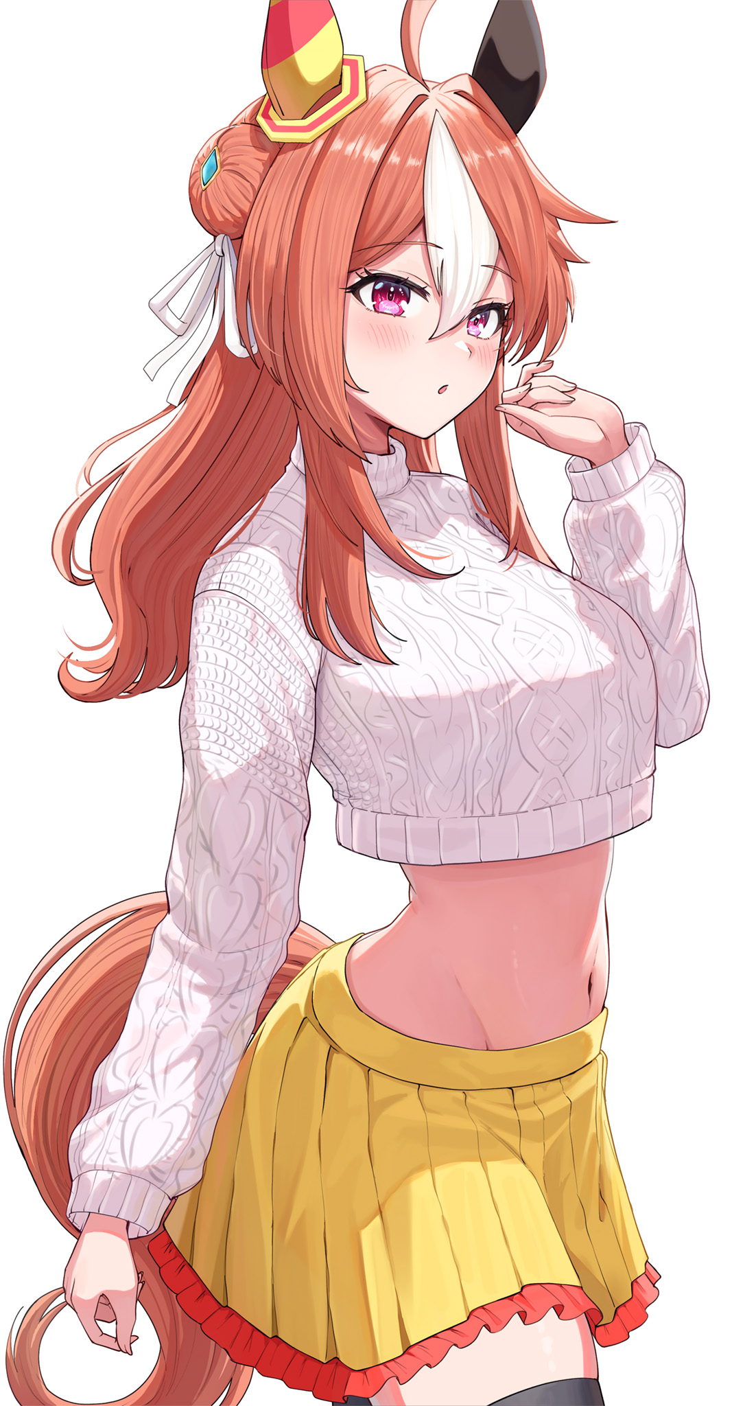 take978733141, copano rickey (umamusume), umamusume, commentary request, highres, revision, 1girl, alternate costume, animal ears, blush, breasts, brown hair, cable knit, crop top, crop top overhang, double bun, hair bun, hair ornament, horse ears, horse girl, horse tail, long hair, looking at viewer, midriff, miniskirt, navel, purple eyes, simple background, skirt, solo, sweater, tail, thighhighs, white background, white sweater, yellow skirt, zettai ryouiki