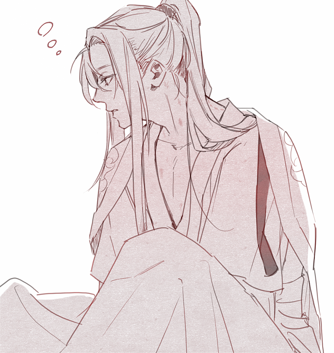 ykmr (haga), wei wuxian, modao zushi, commentary request, 1boy, bishounen, bite mark, borrowed clothes, cape, chinese clothes, collarbone, eyelashes, feet out of frame, from side, greyscale, hair between eyes, hair ribbon, hanfu, hickey, high ponytail, implied yaoi, knee up, long hair, long sleeves, looking afar, looking down, looking to the side, male focus, monochrome, open clothes, parted lips, pectorals, ponytail, profile, red ribbon, ribbon, robe, sash, sidelocks, simple background, sitting, solo, spot color, squeans, very long hair, waking up, white background