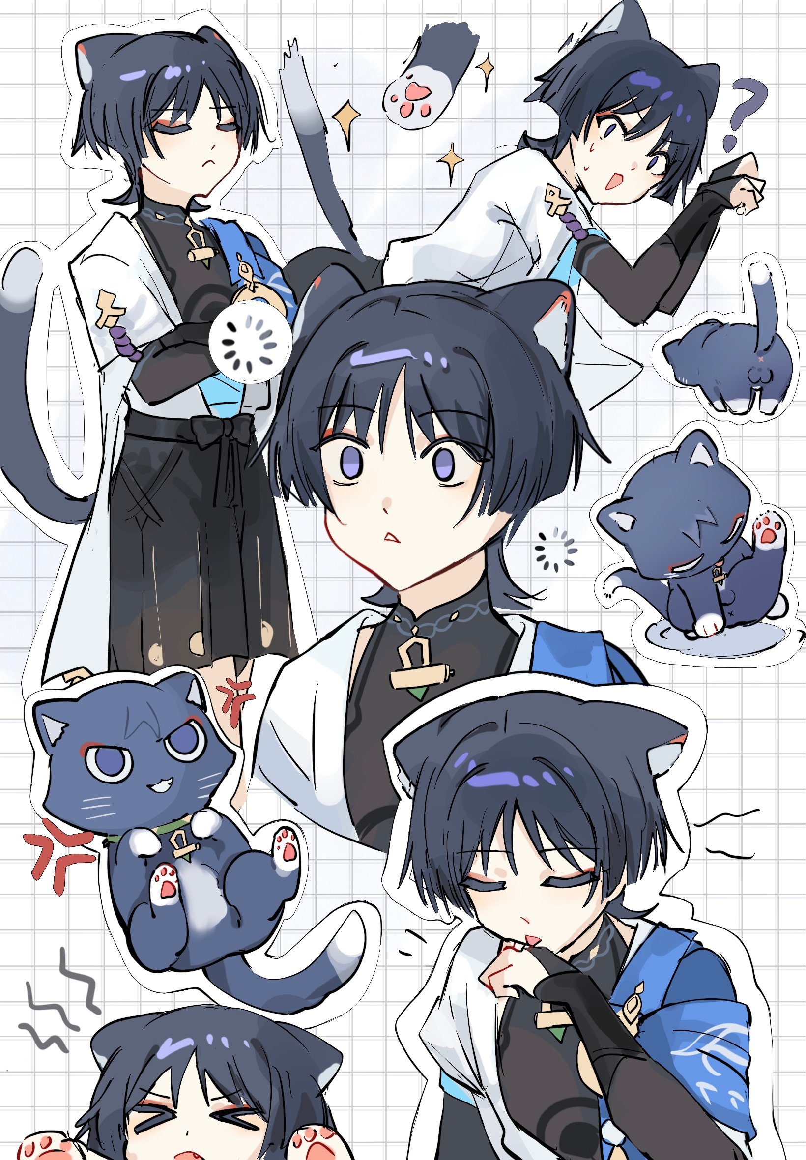 suyi42478390, scaramouche (cat) (genshin impact), scaramouche (genshin impact), wanderer (genshin impact), genshin impact, commentary request, highres, > <, 1boy, anger vein, animal ears, animal hands, animalization, black bodysuit, black bow, black bridal gauntlets, black cat, black hair, black shorts, blue cape, blue kimono, blunt ends, bodysuit, bow, bridal gauntlets, buffering, cape, cat, cat boy, cat ears, cat paws, cat tail, closed eyes, closed mouth, collar, crossed arms, empty eyes, eyeliner, eyeshadow, facing down, fang, furisode, gold, gold pendant, green collar, grid background, hakama, hakama shorts, hands up, japanese clothes, juban, kimono, licking, licking hand, licking testicle, looking at viewer, makeup, male focus, mandarin collar, multiple views, open clothes, open kimono, open mouth, oral, outline, paw pose, person and animalization, pleated shorts, purple eyes, purple rope, red eyeliner, red eyeshadow, rope, short sleeves, shorts, shoulder peek, tail, tail raised, testicles, triangle mouth, white background, white kimono, white mouth, white outline, white sleeves, white trim, wide-eyed, wispy bangs, x anus