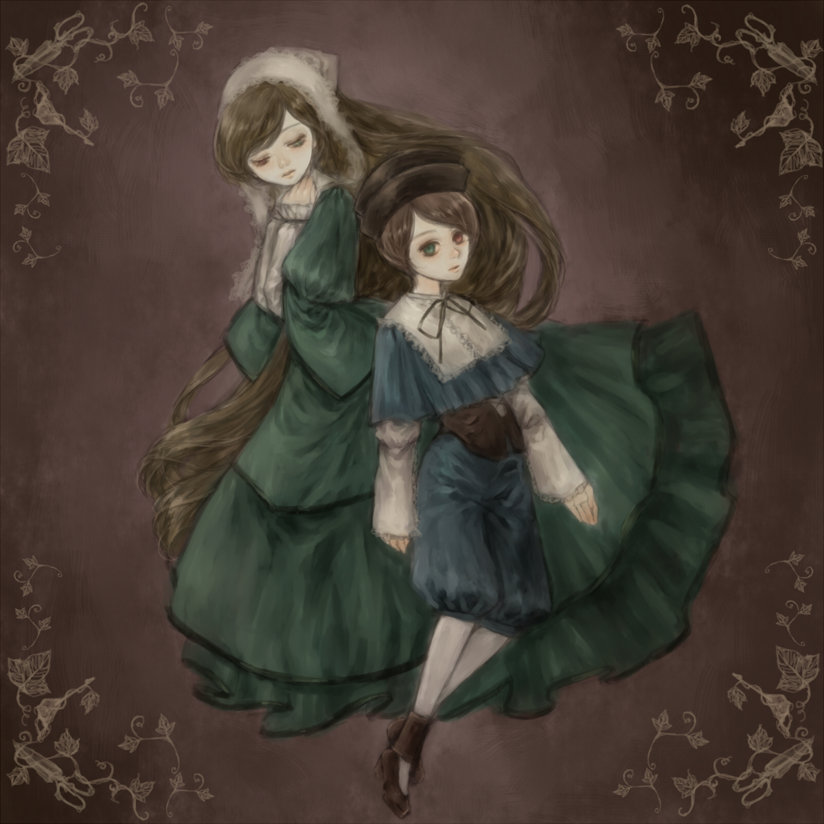 yukishiro, yukishiro (hitsuji), souseiseki, suiseiseki, rozen maiden, highres, 00s, 2girls, brown hair, dress, frills, hairband, hat, headscarf, heterochromia, long hair, multiple girls, pantyhose, short hair, siblings, sisters, twins, very long hair, white headscarf