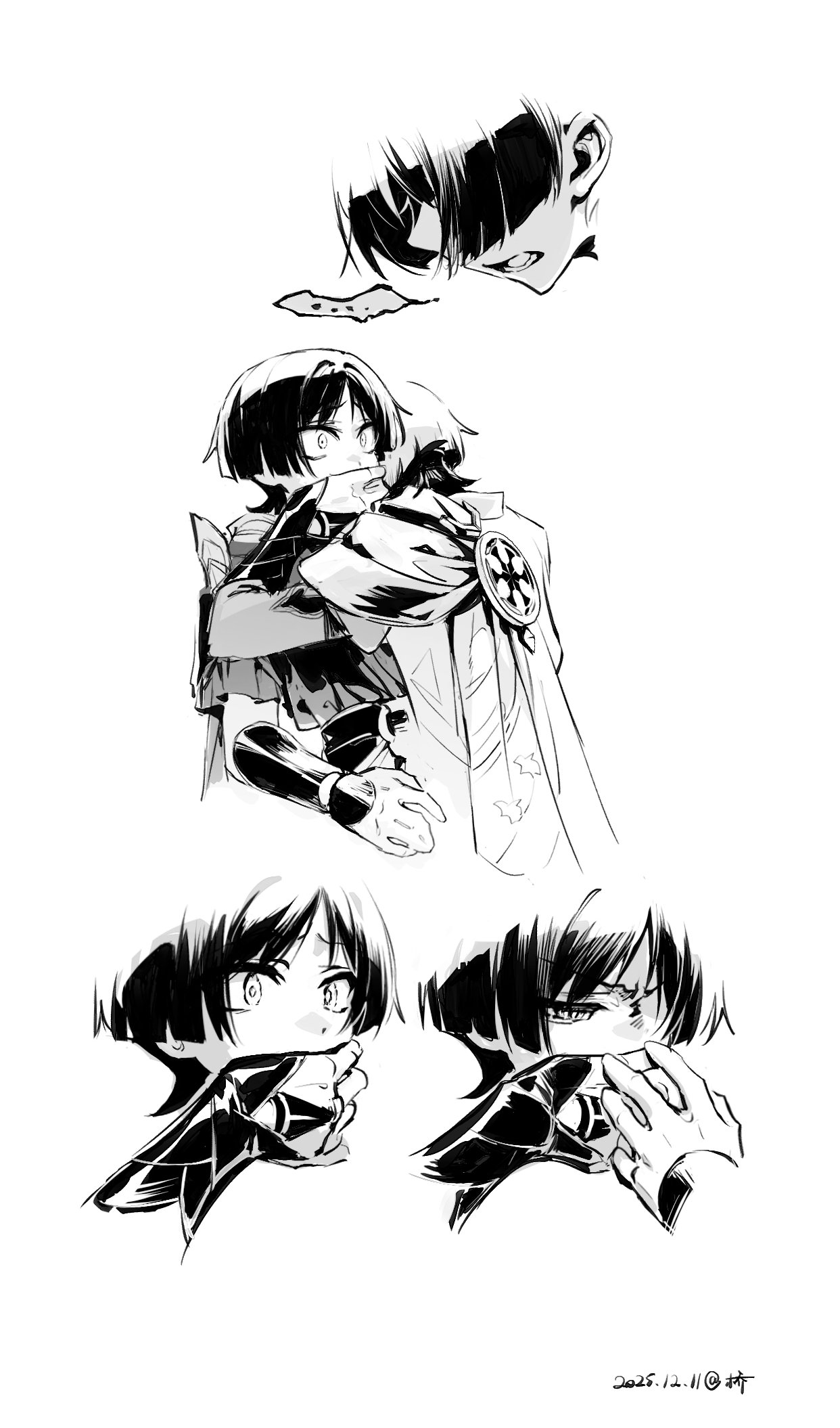 qiao2121, scaramouche (genshin impact), wanderer (genshin impact), genshin impact, commentary, highres, symbol-only commentary, …, 2boys, animal print, arm at side, armor, bird print, blunt ends, bridal gauntlets, cape, covering another's mouth, dated, dual persona, facing down, frilled sleeves, frills, greyscale, hand over another's mouth, head on another's shoulder, japanese armor, japanese clothes, kimono, kote, looking to the side, lower teeth only, monochrome, multiple boys, open mouth, parted bangs, partially shaded face, raised eyebrows, sash, short sleeves, single sode, speech bubble, spoken ellipsis, tearing up, teeth, tsurime, white background, wide-eyed