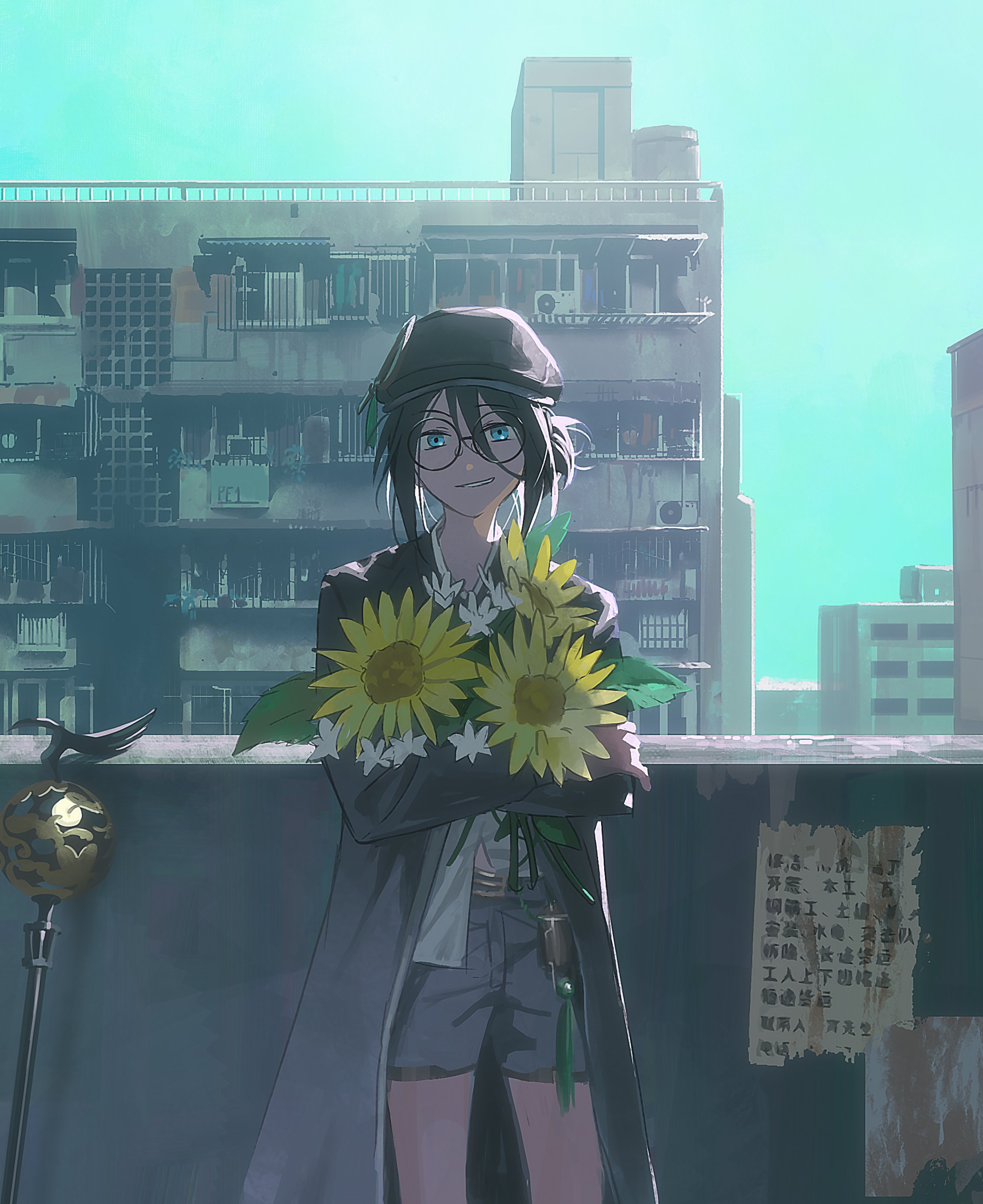 123456789qaqaqa, maque (xinyue tongxing), monitoring (vocaloid), xinyue tongxing, absurdres, highres, translation request, 1girl, apartment, black hair, black hat, black jacket, black shorts, blue eyes, building, cowboy shot, day, flat cap, flower, glasses, hat, hat ornament, holding, holding flower, jacket, long sleeves, looking at viewer, poster (object), round eyewear, shirt, short hair, shorts, smile, smirk, solo, standing, sunflower, white flower, white shirt, yellow flower