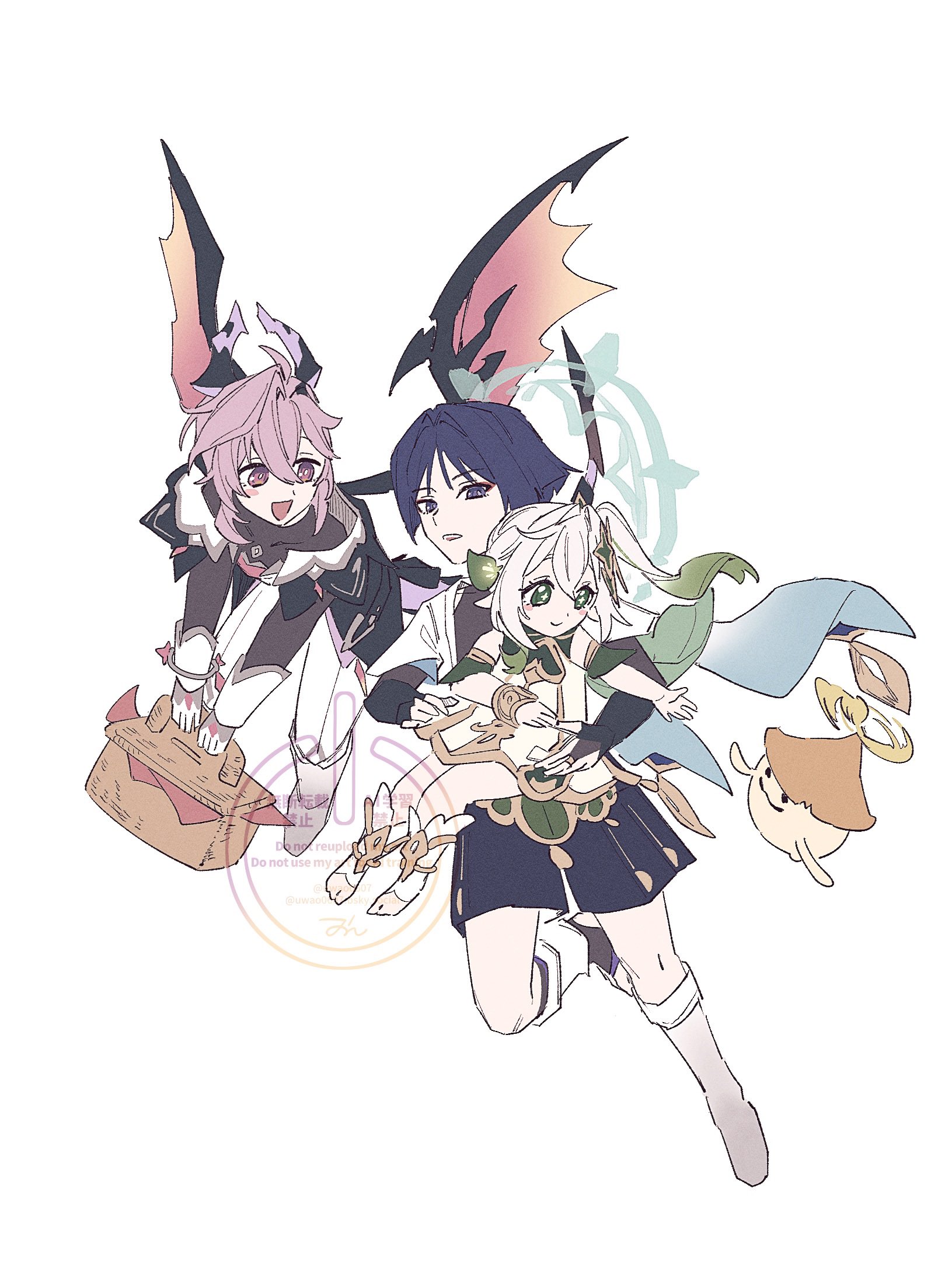 uwao0607, aranara (genshin impact), mini durin (genshin impact), mini durin (human) (genshin impact), nahida (genshin impact), scaramouche (genshin impact), wanderer (genshin impact), genshin impact, toeless socks, commentary request, highres, 1girl, 2boys, anklet, armlet, basket, black bodysuit, black bridal gauntlets, black coat, black eyes, black hair, black horns, black shorts, black sleeves, black tail, blue sleeves, blunt ends, blush stickers, bodysuit, boots, bracelet, bridal gauntlets, bright pupils, carrying, chest jewel, child carry, closed mouth, coat, collar, colored tips, covered collarbone, cross-shaped pupils, detached sleeves, dragon boy, dragon horns, dragon tail, dragon wings, dress, eyelashes, eyeliner, eyeshadow, flying, furisode, gem, gloves, gold, gold ring, gold trim, green eyes, green hair, green sleeves, hair between eyes, hair intakes, hair ornament, hakama, hakama shorts, hand on another's hip, holding, holding basket, horns, japanese clothes, jewelry, kimono, layered sleeves, leaf, leaf hair ornament, leg warmers, long hair, long sleeves, looking at another, looking at creature, makeup, middle ring, multicolored hair, multicolored horns, multicolored tail, multiple boys, open hands, open mouth, orange wings, pants, picnic basket, pink hair, pleated shorts, purple eyes, purple horns, purple tail, reaching, reaching towards another, red eyeliner, red eyeshadow, red gemstone, short sleeves, shorts, shoulder peek, side ponytail, sidelocks, smile, socks, symbol-shaped pupils, tail, tareme, teeth, tsurime, upper teeth only, watermark, white background, white boots, white collar, white dress, white gloves, white hair, white kimono, white leg warmers, white pants, white pupils, white sleeves, white socks, wings, wispy bangs