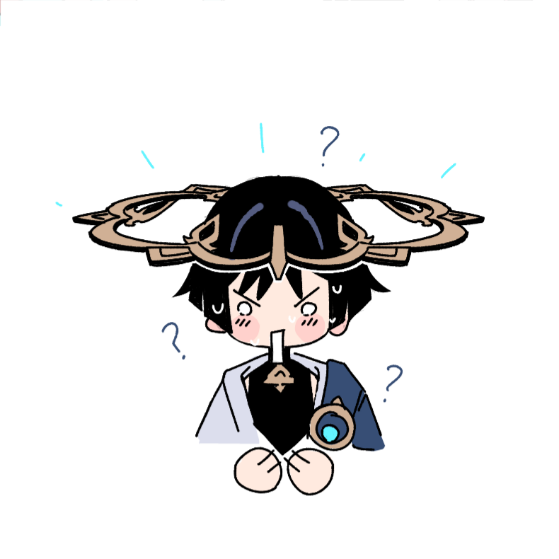 scaramouche (genshin impact), wanderer (genshin impact), genshin impact, commentary, english commentary, 1boy, ?, adapted costume, aracanthus38633, black bodysuit, black hair, blank eyes, blue cape, blue gemstone, blunt ends, blush, bodysuit, cape, circle hands, confused, cropped torso, gem, gold halo, japanese clothes, kimono, looking down, male focus, nervous sweating, o o, open mouth, shoulder peek, solo, straight-on, sweat, v-shaped eyebrows, vision (genshin impact), white background, white kimono, wispy bangs