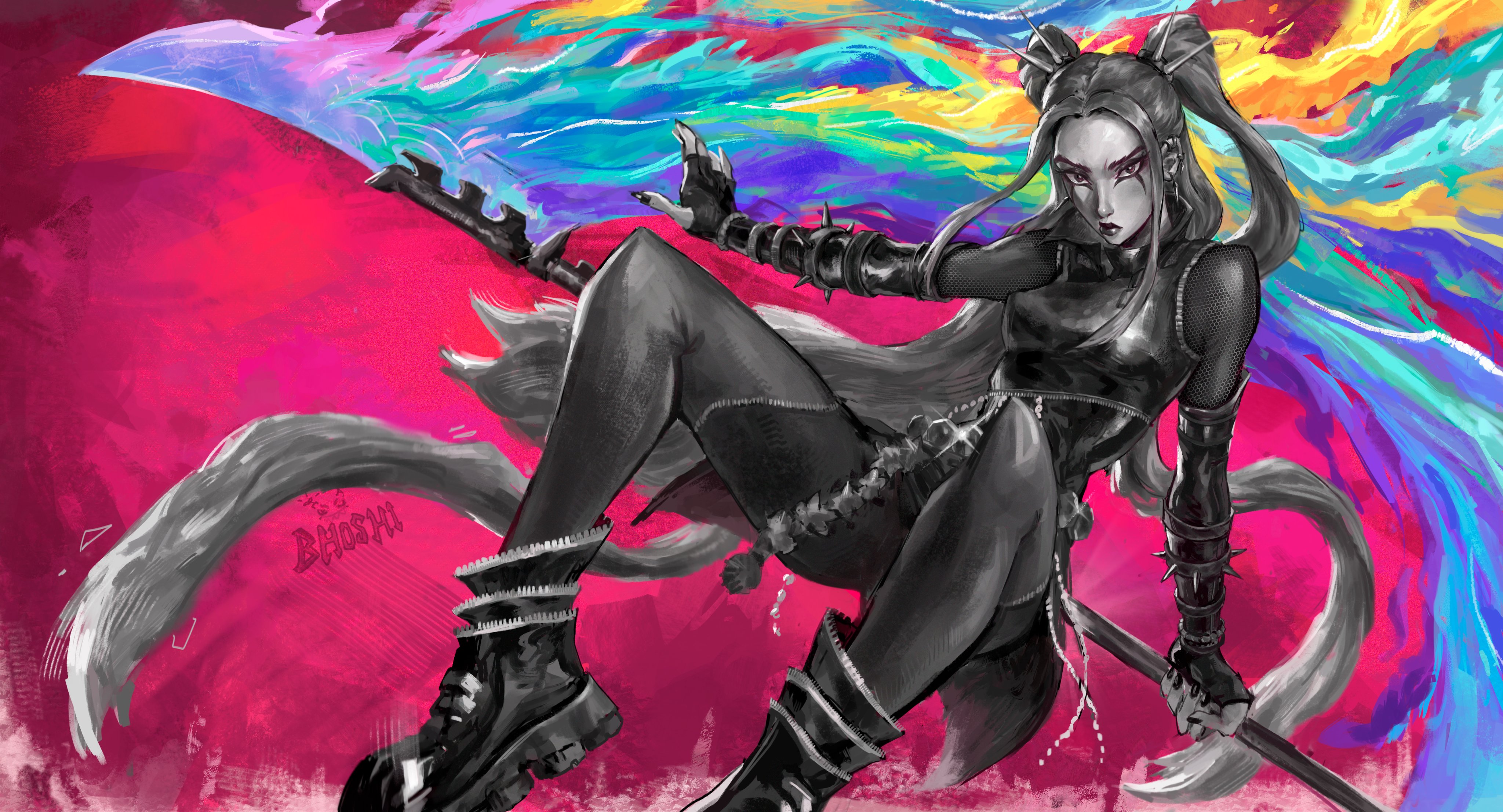 mira (kpop demon hunters), kpop demon hunters, absurdres, commentary, hashtag-only commentary, highres, symbol-only commentary, 1girl, artist name, bhoshii, boots, closed mouth, fingerless gloves, gloves, greyscale with colored background, holding, holding polearm, holding weapon, long hair, looking at viewer, makeup, pink background, polearm, sidelocks, sitting, smoke, solo, twintails, weapon