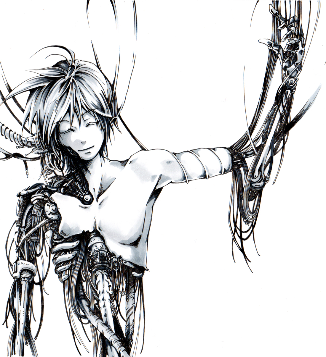 kunami, kagamine len, vocaloid, highres, 1boy, android, cable, closed eyes, greyscale, male focus, mechabare, mechanical arms, monochrome, robot, short hair, simple background, smile, solo