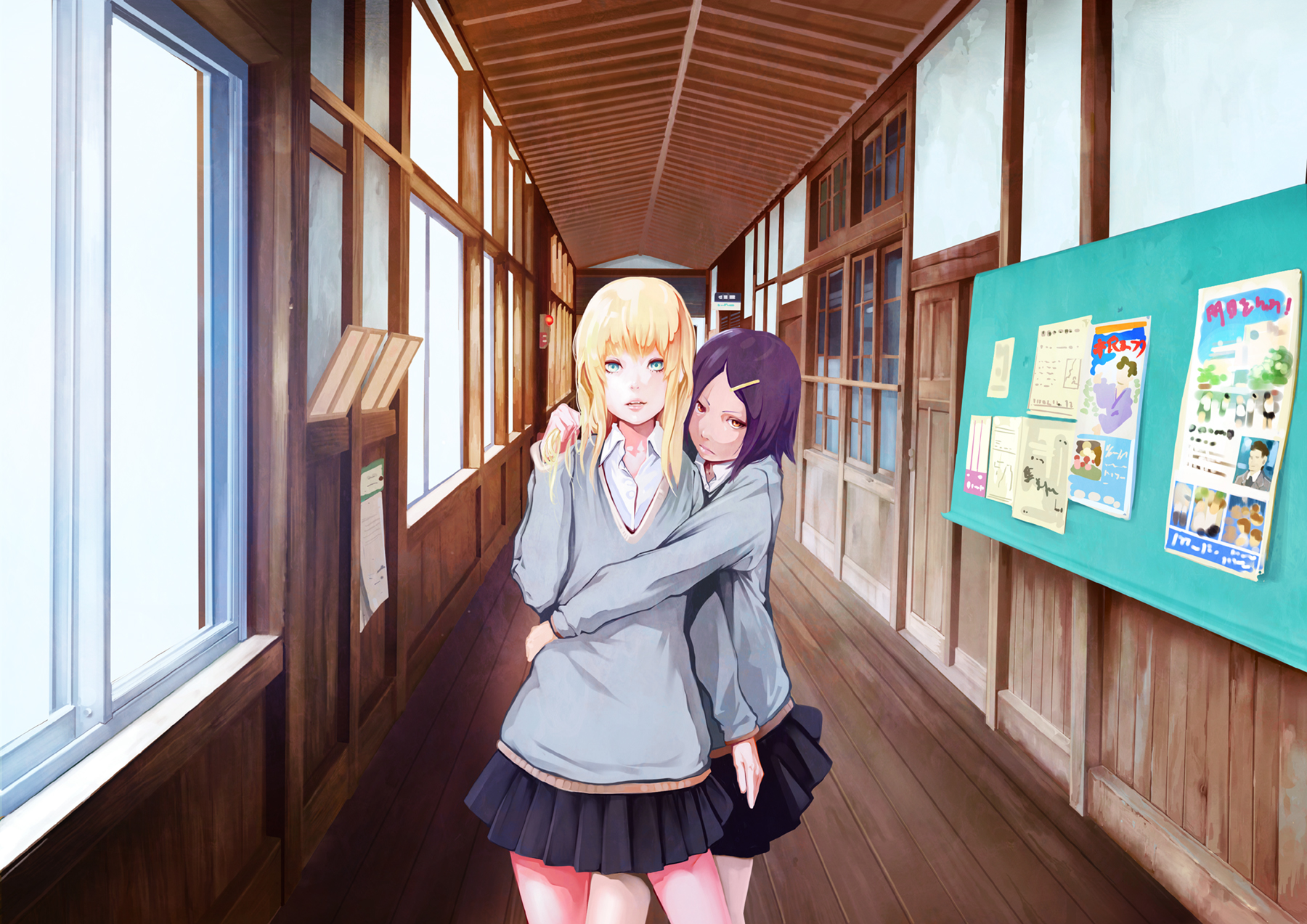 gura (kmj), original, bad id, bad pixiv id, highres, 2girls, blonde hair, hair ornament, hug, multiple girls, purple hair, school uniform