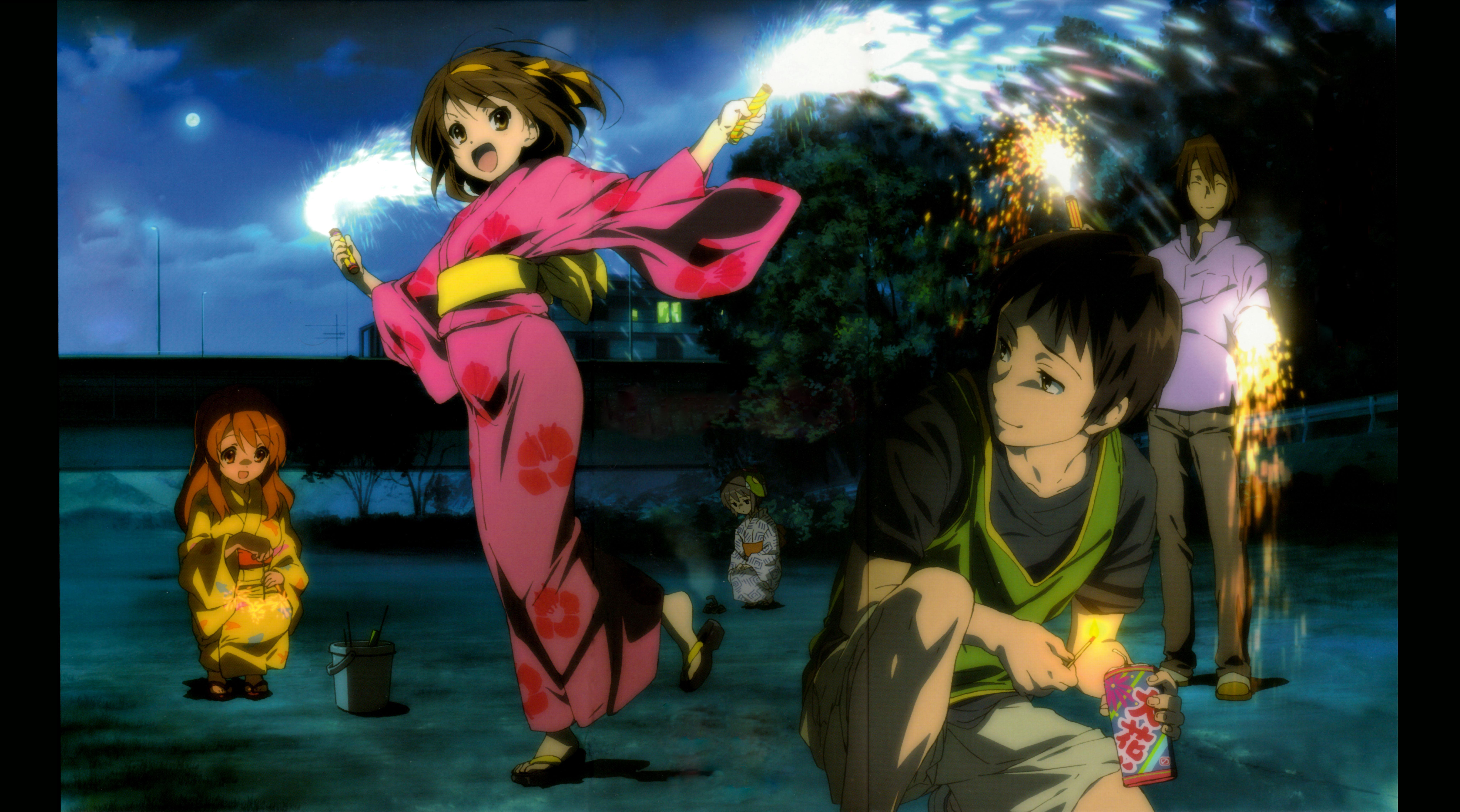 asahina mikuru, koizumi itsuki, kyon, nagato yuki, suzumiya haruhi, suzumiya haruhi no yuuutsu, absurdres, detexted, highres, non-web source, third-party edit, 00s, 3girls, aerial fireworks, brown eyes, brown hair, casual, closed eyes, cloud, fireworks, floral print, headband, japanese clothes, kimono, long hair, mask, multiple girls, night, open mouth, pink kimono, print kimono, purple hair, short hair, sky, yellow kimono, yukata