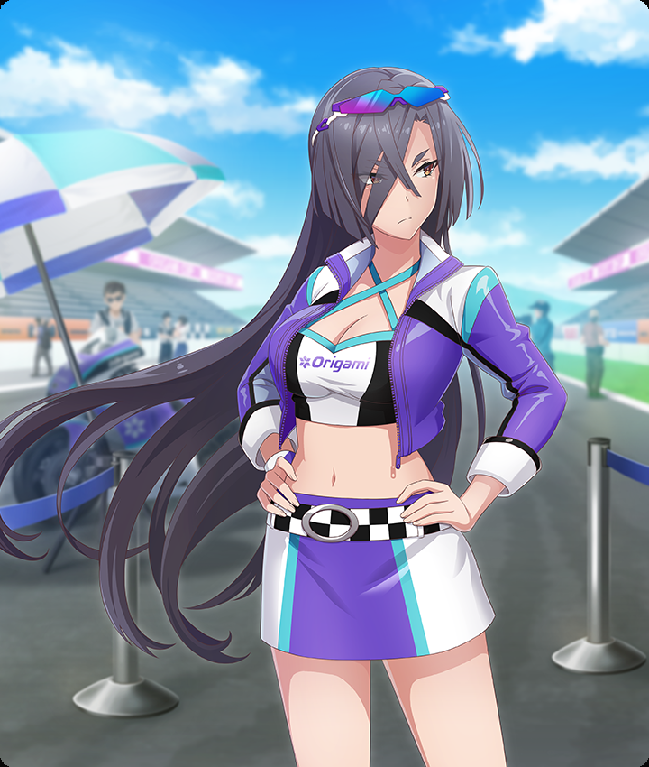 origami yukari, toji no miko, toji no miko: kizamishi issen no tomoshibi, game cg, official art, third-party source, 2girls, 5boys, beach umbrella, black hair, blue sky, breasts, brown eyes, character name, cleavage, closed mouth, clothes writing, cloud, cowboy shot, crop top, day, eyes visible through hair, eyewear on head, hair over one eye, hands on own hips, jacket, large breasts, long hair, long sleeves, looking to the side, midriff, motor vehicle, motorcycle, multiple boys, multiple girls, navel, outdoors, pencil skirt, purple jacket, purple skirt, race queen, racetrack, sideways glance, skirt, sky, solo focus, stanchion, sunglasses, two-tone skirt, umbrella, very long hair, white skirt