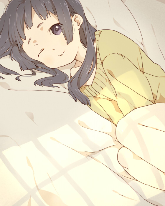 mosuko, original, bad id, bad pixiv id, 1girl, :t, ;t, black eyes, black hair, dutch angle, female focus, long hair, lying, on side, one eye closed, pout, purple eyes, solo, sweater, window shadow, wink