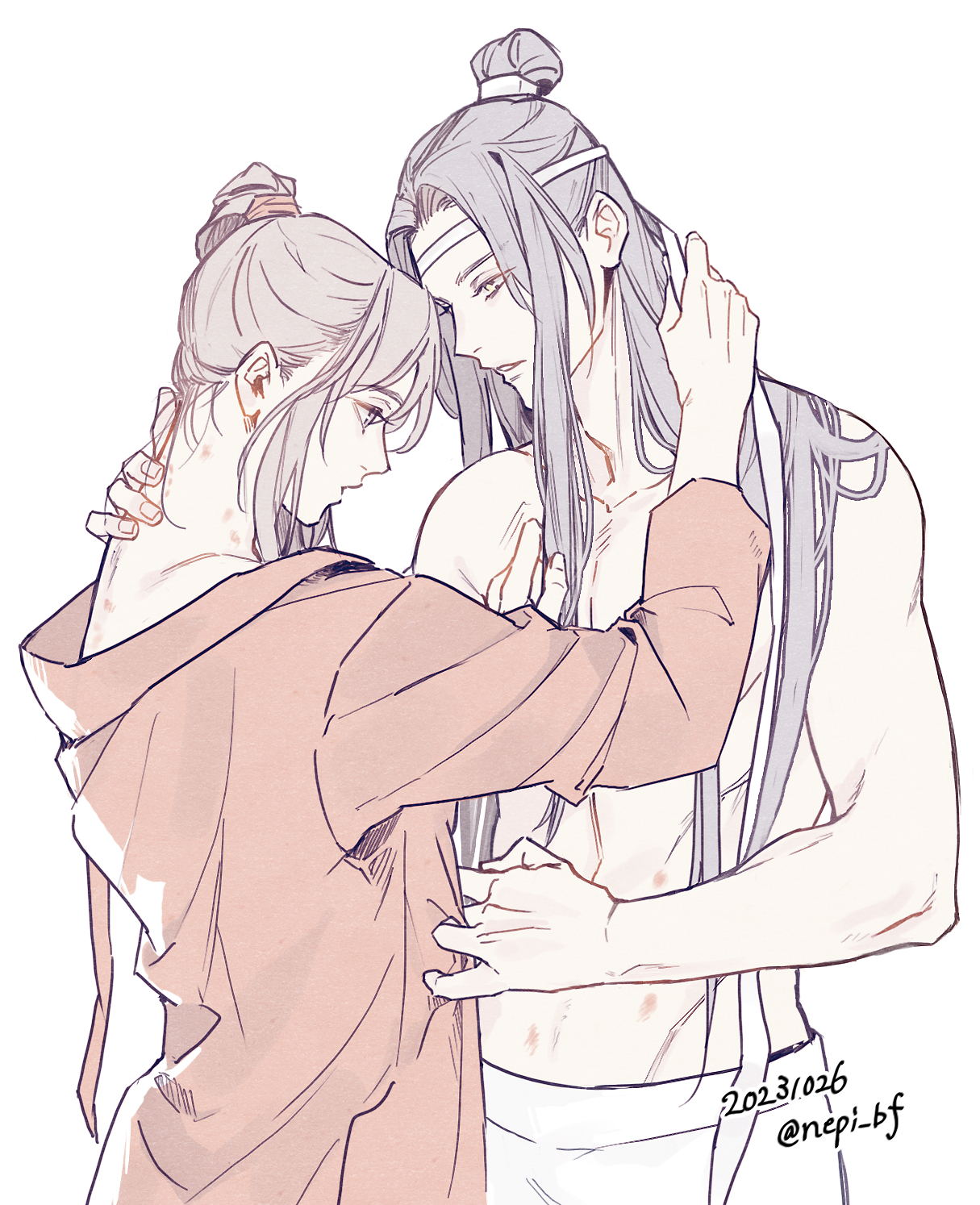 ykmr (haga), lan wangji, wei wuxian, modao zushi, commentary request, highres, 2boys, abs, alternate costume, bare pectorals, bare shoulders, bishounen, black hair, collarbone, couple, cowboy shot, dated, dressing another, eye contact, grey eyes, hair over shoulder, hair ribbon, hand on another's neck, headband, height difference, hickey, holding, holding ribbon, hug, long hair, long sleeves, looking at another, looking down, male focus, multiple boys, off shoulder, pale color, pants, parted bangs, parted lips, pectorals, ponytail, profile, red ribbon, red shirt, ribbon, robe, shirt, sidelocks, simple background, toned, toned male, topknot, topless male, twitter username, upper body, very long hair, white background, white headband, white pants, white ribbon, xiao guan (headdress), yaoi, yellow eyes
