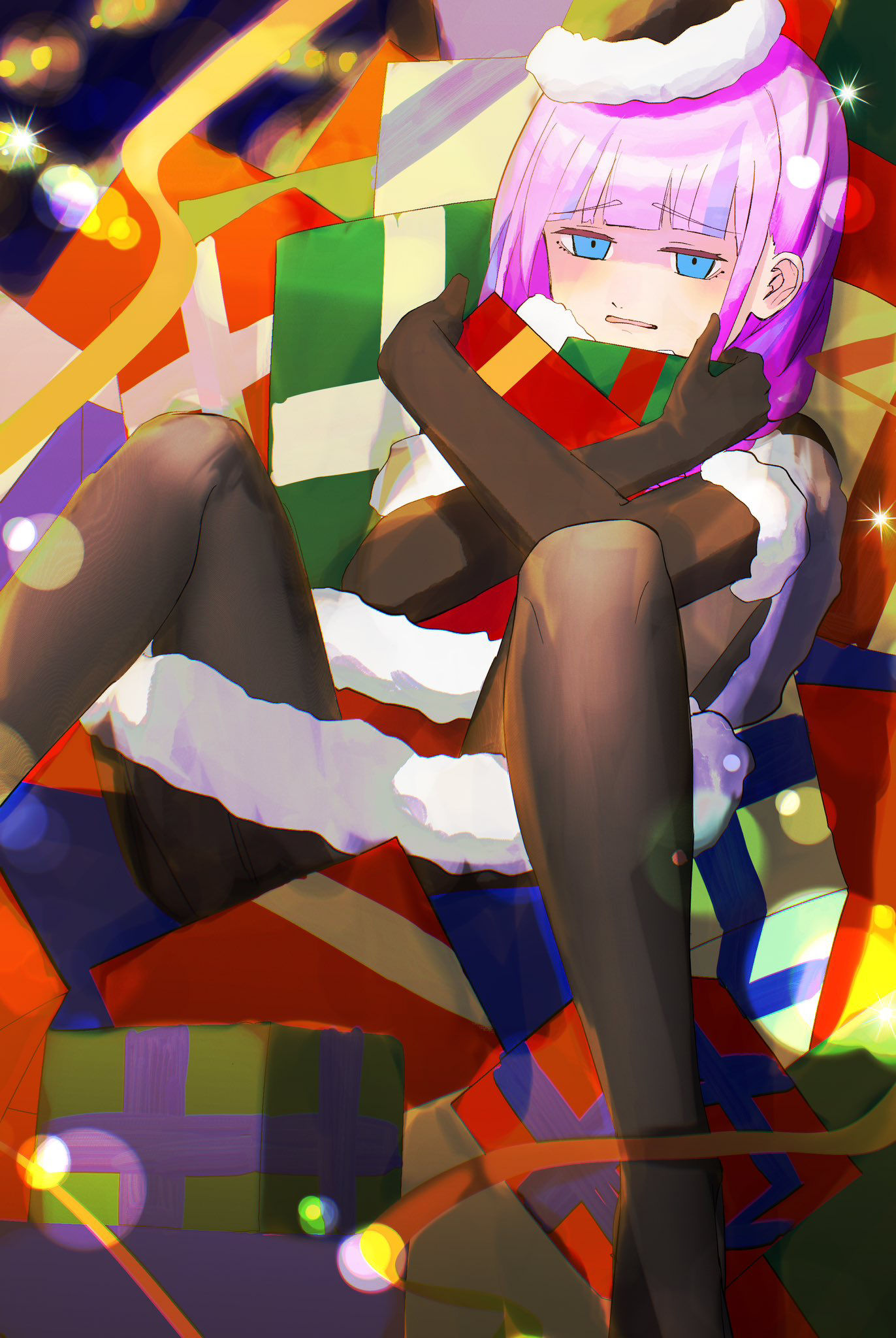 tanaka kuronisi, date akari, heaven burns red, commentary request, highres, 1girl, black gloves, black pantyhose, blue eyes, blunt bangs, blush, box, braid, capelet, christmas, christmas present, christmas tree, dress, elbow gloves, feet out of frame, fur-trimmed capelet, fur-trimmed dress, fur-trimmed headwear, fur-trimmed skirt, fur trim, gift, gift box, gloves, hat, holding, holding gift, hugging object, long hair, looking at viewer, open mouth, pantyhose, pink hair, santa costume, santa dress, santa hat, skirt, solo