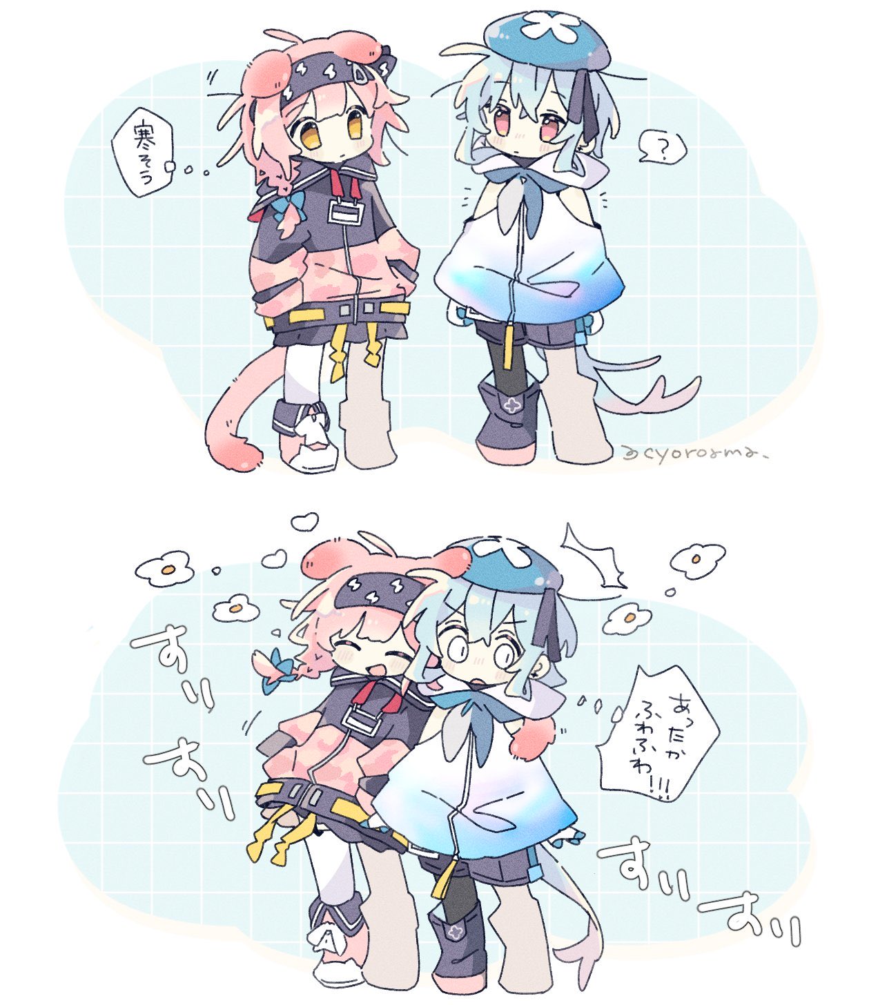 naguru (cyoroama), goldenglow (arknights), mizuki (arknights), arknights, commentary request, highres, translation request, 2girls, :d, ^ ^, animal ears, black boots, black hoodie, black pantyhose, black shorts, blue hair, blue hat, blunt bangs, blush stickers, boots, braid, closed eyes, closed mouth, crossed bangs, dog ears, dog girl, dog tail, double-parted bangs, full body, hat, hood, hood down, hoodie, long hair, long sleeves, multiple girls, multiple views, open mouth, pantyhose, pink eyes, pink hair, pink hoodie, pink shoes, shoes, short hair, shorts, single braid, smile, speech bubble, standing, tail, two-tone hoodie, v-shaped eyebrows, yellow eyes