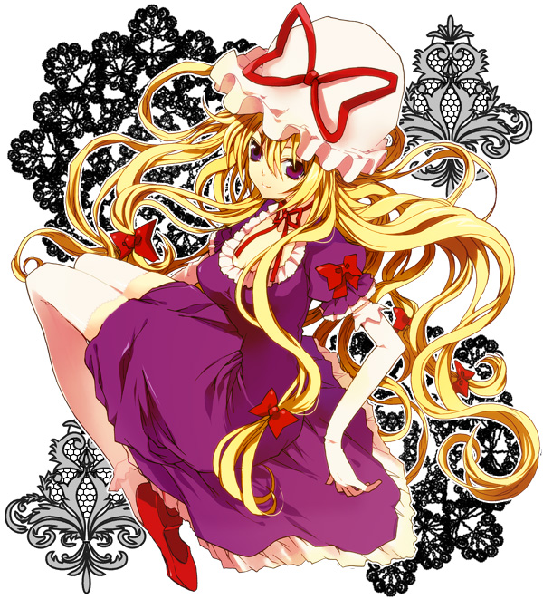 manyako (mohumohu), yakumo yukari, touhou, bad id, bad pixiv id, 1girl, blonde hair, breasts, dress, elbow gloves, female focus, full body, gloves, hat, long hair, purple eyes, solo, thighhighs, white background