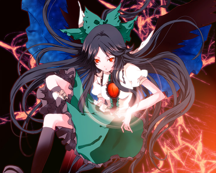 manyako (mohumohu), reiuji utsuho, touhou, bad id, bad pixiv id, 1girl, black hair, bow, cape, female focus, long hair, orange eyes, skirt, solo, wings