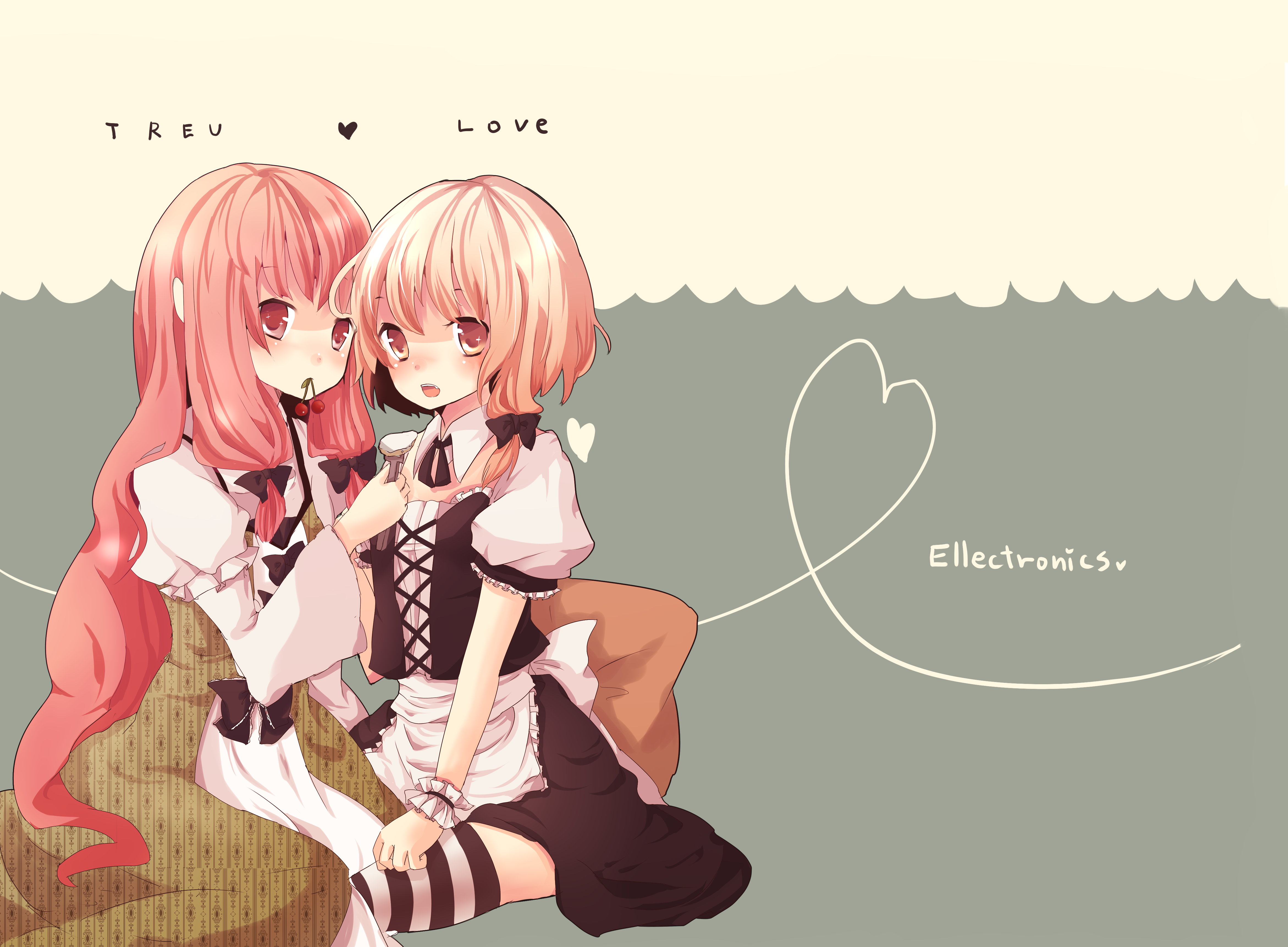 karunabaru, kirisame marisa, patchouli knowledge, touhou, striped legwear, absurdres, bad id, bad pixiv id, highres, 2girls, adapted costume, alternate hair color, alternate hair length, alternate hairstyle, blonde hair, female focus, heart, long hair, multiple girls, pink eyes, pink hair, short hair, striped clothes, striped thighhighs, thighhighs, yellow eyes