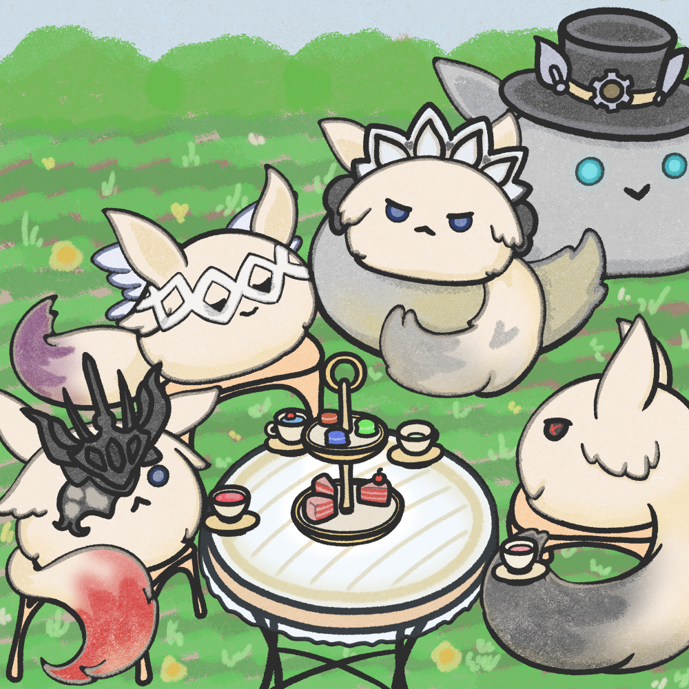 icirno0909, arlecchino (genshin impact), columbina (genshin impact), dodoco (genshin impact), peruere (genshin impact), sandrone (genshin impact), signora (genshin impact), genshin impact, cake, cake slice, cup, food, grass, macaron, no humans, table, teacup