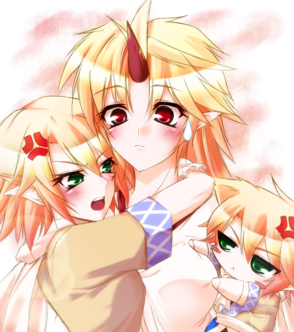 hazuki kasane, hoshiguma yuugi, mizuhashi parsee, touhou, 2girls, angry, blonde hair, blush, child, female focus, green eyes, horns, hug, multiple girls, pointy ears, red eyes, single horn, sweatdrop