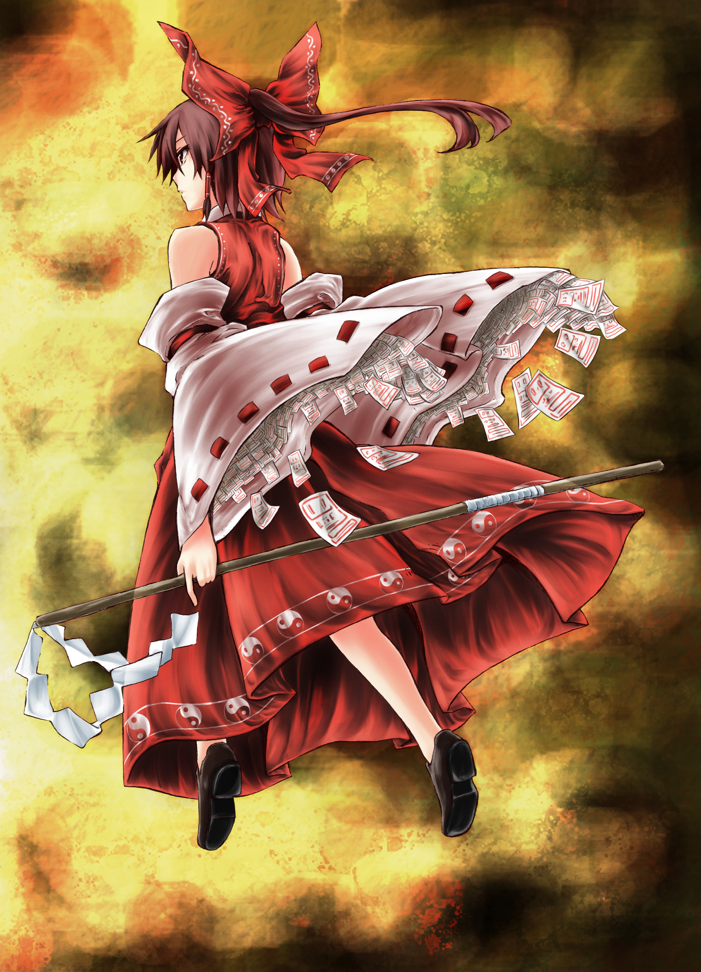 r0g0b0, hakurei reimu, touhou, bad id, bad pixiv id, highres, 1girl, bow, brown hair, detached sleeves, female focus, full body, gohei, japanese clothes, miko, ofuda, solo
