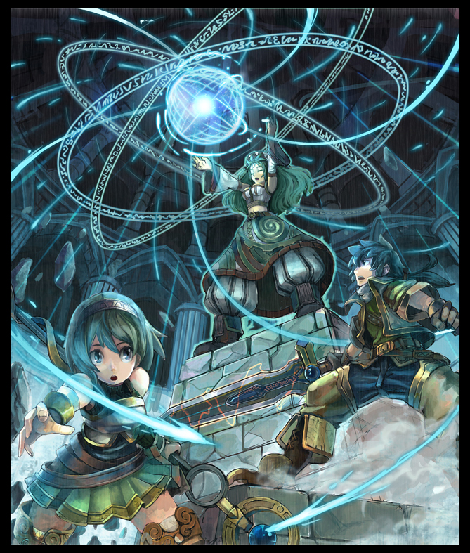 nigoro, original, 2girls, breasts, fantasy, large breasts, long hair, multiple girls, ponytail, scepter, twintails