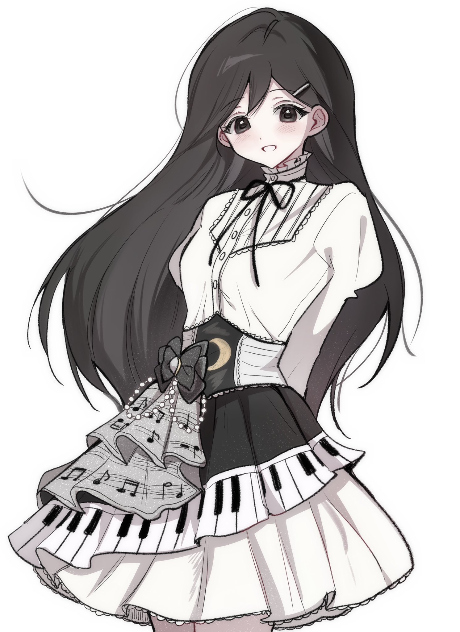 wktdms1, mari (faraway) (omori), mari (omori), omori, hashtag-only commentary, highres, 1girl, :d, arms behind back, black bow, black eyes, black hair, black overskirt, black ribbon, blush, bow, breasts, buttons, cowboy shot, crescent, double-parted bangs, dress, frilled dress, frills, grin, hair behind ear, hair between eyes, hair ornament, juliet sleeves, long hair, long sleeves, looking at viewer, neck ribbon, open mouth, overskirt, pale skin, piano print, puffy sleeves, ribbon, short dress, simple background, small breasts, smile, solo, standing, straight hair, tareme, very long hair, white background, white dress