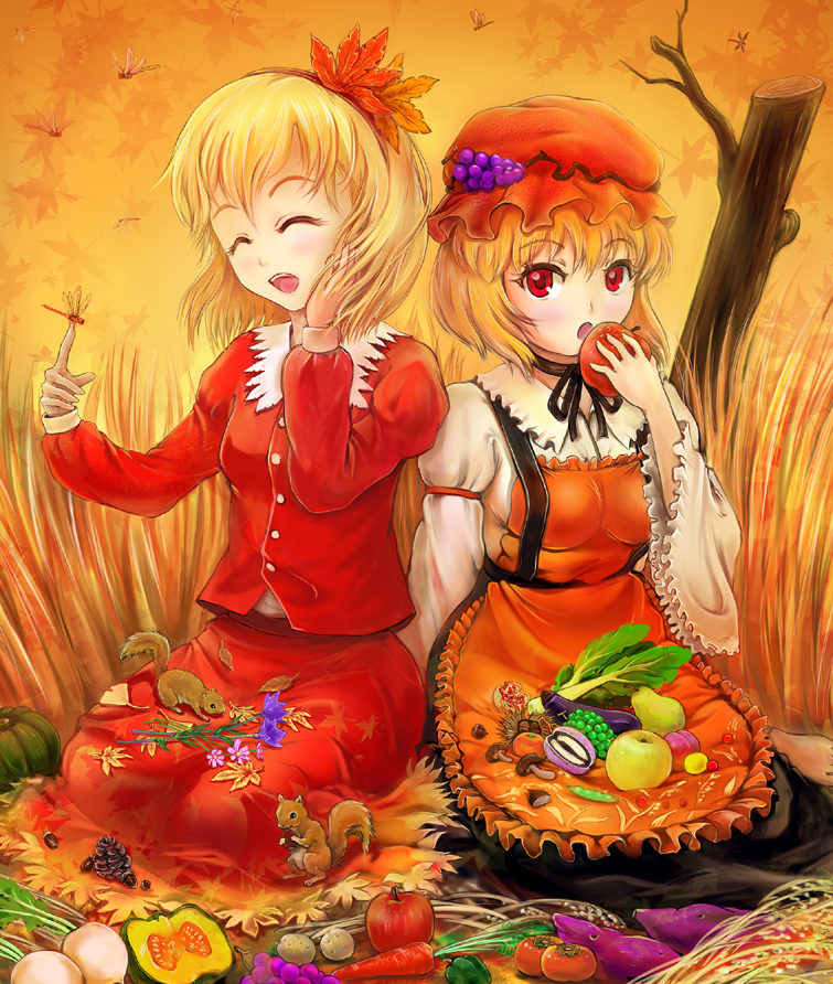 sai-go, aki minoriko, aki shizuha, touhou, bad id, bad pixiv id, 2girls, ^ ^, acorn, akebia fruit, animal, apron, autumn, barefoot, bell pepper, bellflower, blonde hair, breasts, bug, carrot, chestnut, choker, closed eyes, dragonfly, eggplant, female focus, flower, food, frilled apron, frills, fruit, ginkgo tree, grapes, grass, green bell pepper, hair ornament, hairband, hand on own cheek, hand on own face, hat, holding, holding food, holding fruit, insect, leaf, leaf hair ornament, long sleeves, looking at viewer, mandarin orange, maple leaf, medium breasts, mob cap, multiple girls, mushroom, open mouth, outdoors, pear, persimmon, plum, pomegranate, potato, pumpkin, radish, red eyes, ribbon choker, short hair, siblings, sisters, sitting, skirt, skirt set, squirrel, sweet potato, tree, vegetable, wide sleeves