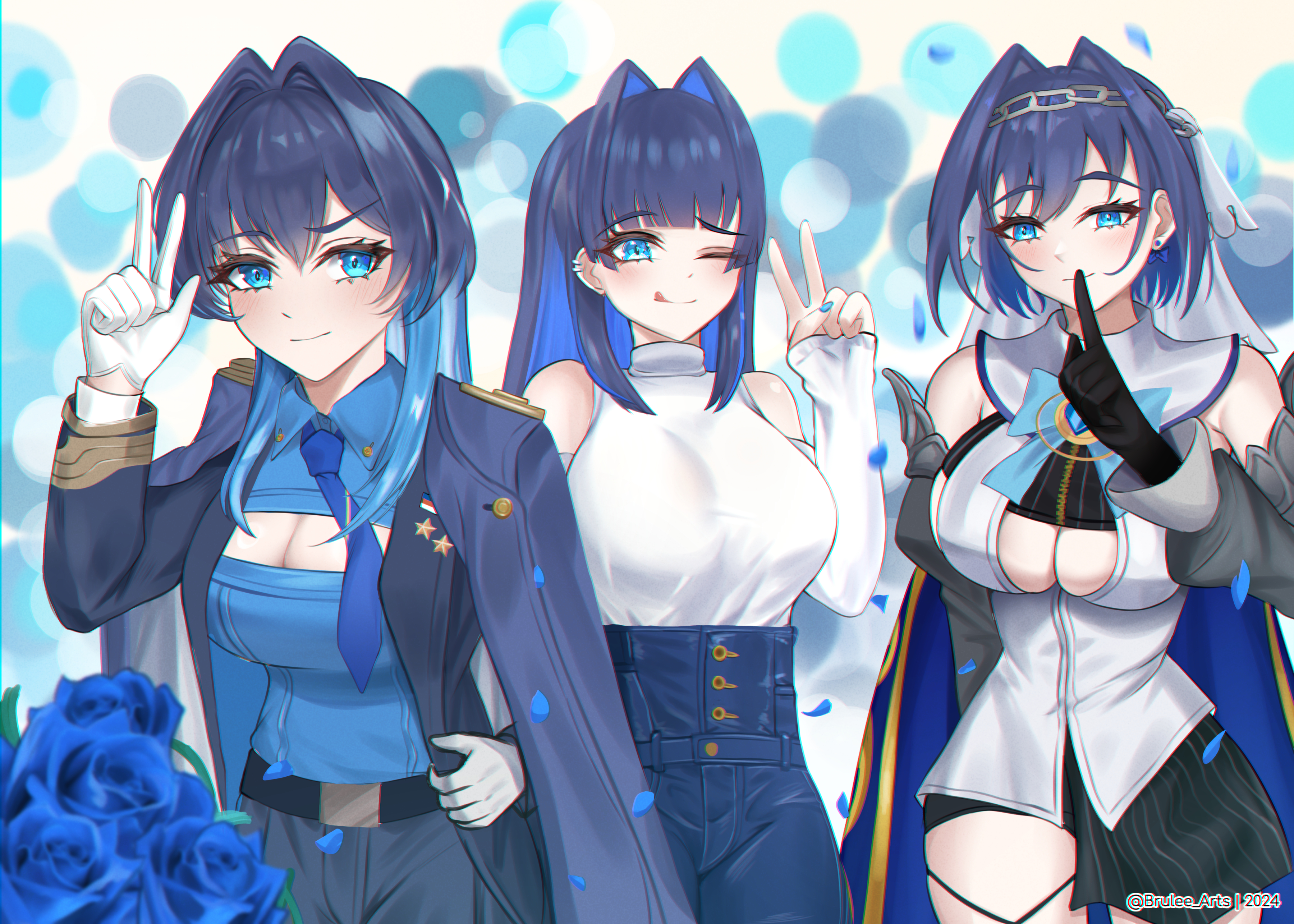 brulee, ouro kronii, ouro kronii (1st costume), ouro kronii (4th costume), ouro kronii (casual), hololive, hololive english, absurdres, highres, 3girls, black gloves, black pants, black shirt, blue eyes, blue hair, blue jacket, blue necktie, blue shirt, breasts, cleavage cutout, closed mouth, clothing cutout, dress, finger to mouth, gloves, hair intakes, jacket, large breasts, looking at viewer, multiple girls, necktie, official alternate costume, official alternate hairstyle, one eye closed, pants, shirt, smile, thigh strap, tongue, tongue out, v, virtual youtuber, white dress, white gloves