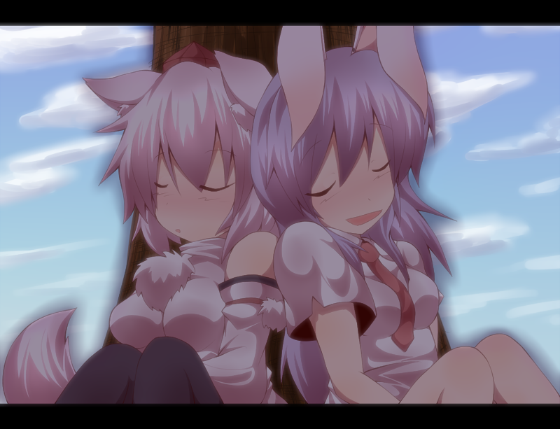 kuromiya, inubashiri momiji, reisen udongein inaba, touhou, silver hair, 2girls, against tree, animal ears, blush, breasts, closed eyes, cloud, day, detached sleeves, female focus, hat, letterboxed, long hair, medium breasts, multiple girls, necktie, purple hair, rabbit ears, shade, short hair, sitting, sky, sleeping, small breasts, tail, tokin hat, tree, wolf ears, wolf tail