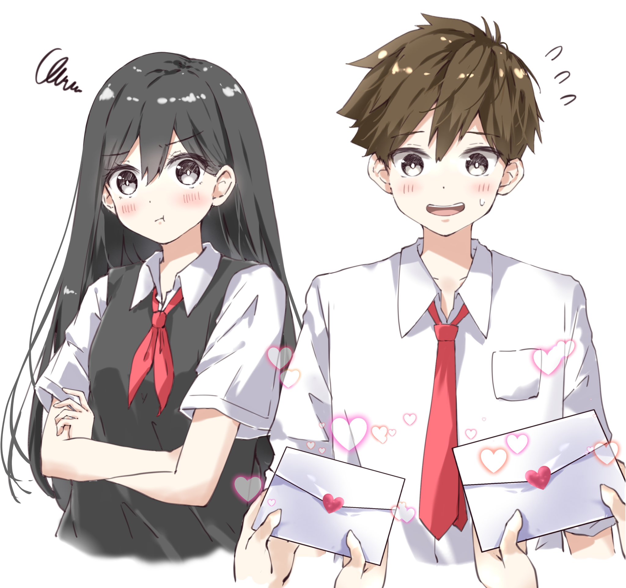 hero (faraway) (omori), hero (omori), mari (faraway) (omori), mari (omori), omori, commentary request, highres, 1boy, 1girl, 2others, :d, :t, alternate skin color, antenna hair, bare arms, black eyes, black hair, black sweater vest, blush, breasts, bright pupils, brown hair, closed mouth, collared shirt, cropped torso, crossed arms, double-parted bangs, envelope, flying sweatdrops, hair behind ear, hair between eyes, heart, holding, holding envelope, jealous, joshik anknice, long hair, looking at object, looking at viewer, looking down, multiple others, neckerchief, necktie, open mouth, pocket, red neckerchief, red necktie, school uniform, shirt, short hair, short sleeves, simple background, small breasts, smile, squiggle, sweatdrop, sweater vest, tareme, teeth, tongue, upper teeth only, very long hair, very short hair, white background, white pupils, white shirt, wide-eyed
