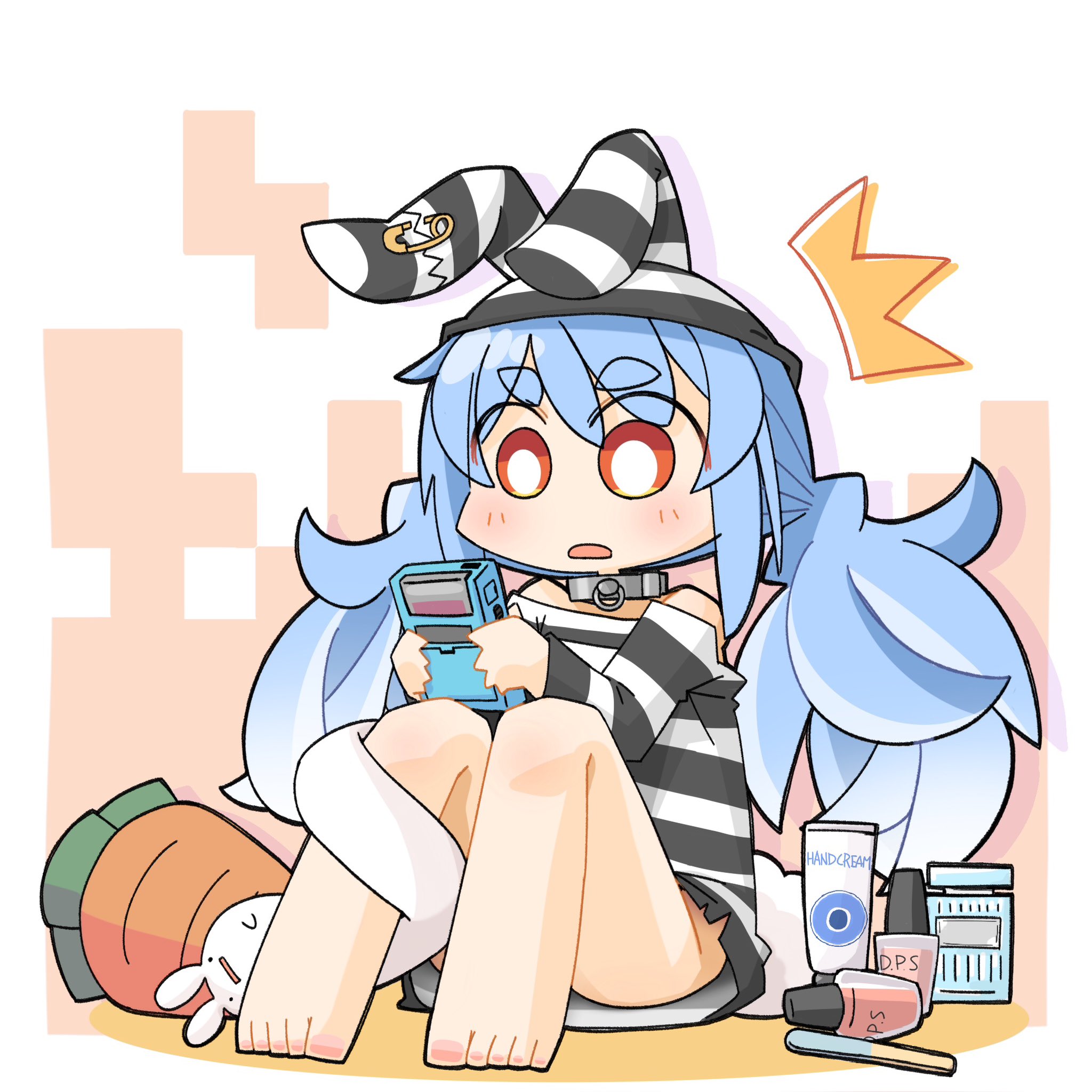 and takashi, don-chan (usada pekora), usada pekora, usada pekora (prisoner), hololive, commentary request, highres, ^^^, animal ears, bare legs, bare shoulders, barefoot, blue hair, bottomless, carrot, chibi, chibi only, collar, cosmetics, full body, handheld game console, low twintails, multicolored hair, off shoulder, official alternate costume, on floor, open mouth, playing games, prison clothes, rabbit ears, safety pin, short eyebrows, sitting, solo, striped clothes, thick eyebrows, toenails, toes, twintails, white hair