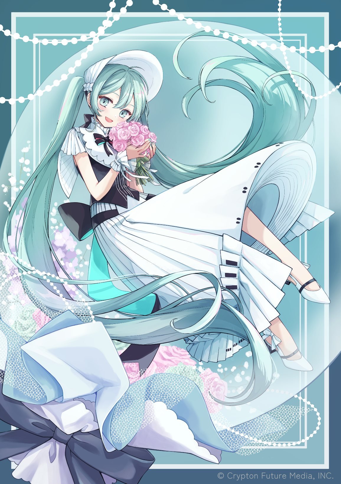 nagitofuu, hatsune miku, miku symphony (vocaloid), vocaloid, commentary request, highres, 1girl, ahoge, aqua eyes, aqua hair, aqua nails, black ribbon, bodice, bow, breasts, collar, dress, fingernails, flower, footwear bow, frilled skirt, frills, full body, hair flower, hair ornament, headdress, holding, holding flower, layered skirt, long hair, long skirt, looking at viewer, nail polish, pink flower, pink rose, ribbon, rose, skirt, sleeveless, sleeveless dress, slippers, twintails, very long hair, white bow, white collar, white headdress, white skirt, white slippers, wrist cuffs