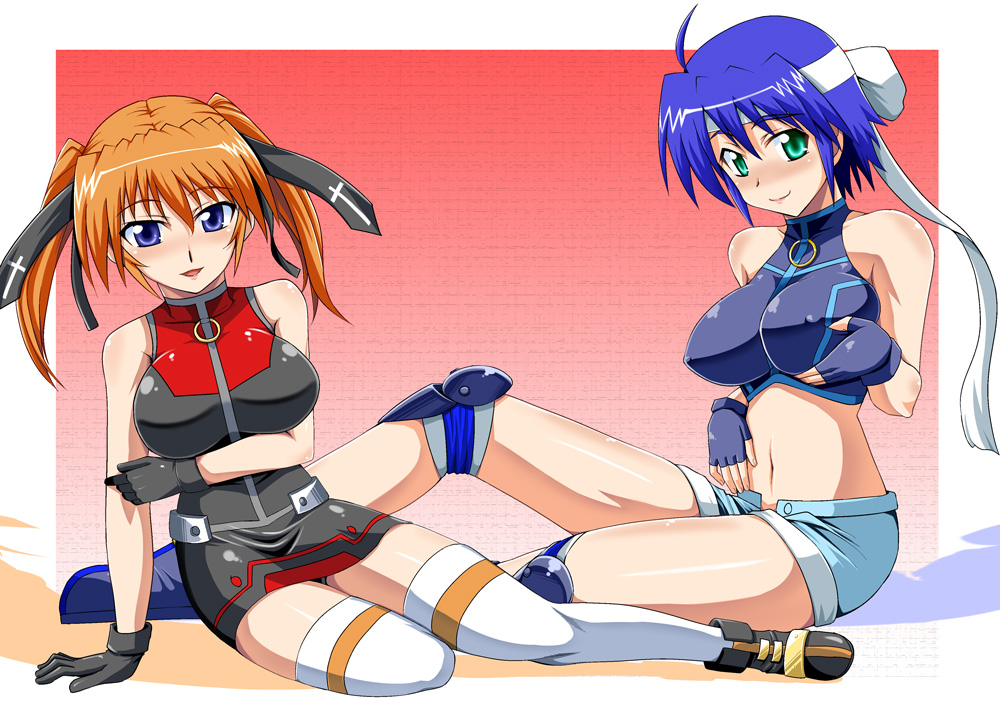 zerosu (take out), subaru nakajima, teana lanster, lyrical nanoha, mahou shoujo lyrical nanoha, mahou shoujo lyrical nanoha strikers, 00s, bare shoulders, blue eyes, blue hair, blush, breasts, covered erect nipples, green eyes, knee pads, large breasts, midriff, open fly, orange hair, short hair, shorts, thighhighs, twintails, unzipped