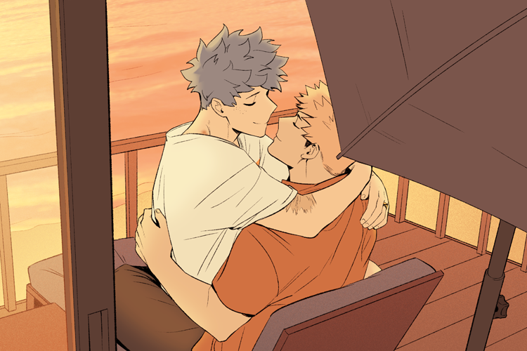 5mll3, bakugou katsuki, midoriya izuku, boku no hero academia, 2boys, arms around neck, beach umbrella, black pants, closed eyes, closed mouth, crew neck, indian style, male focus, multiple boys, outdoors, pants, railing, red shirt, scar, scar on arm, shirt, sitting, sitting on lap, sitting on person, smile, umbrella, white shirt, yaoi