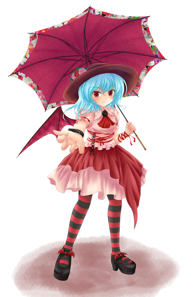 nekokotei, remilia scarlet, touhou, bad id, bad pixiv id, 1girl, bat wings, blue hair, female focus, hat, legs, pantyhose, red eyes, ribbon, short hair, solo, striped clothes, striped pantyhose, umbrella, wings