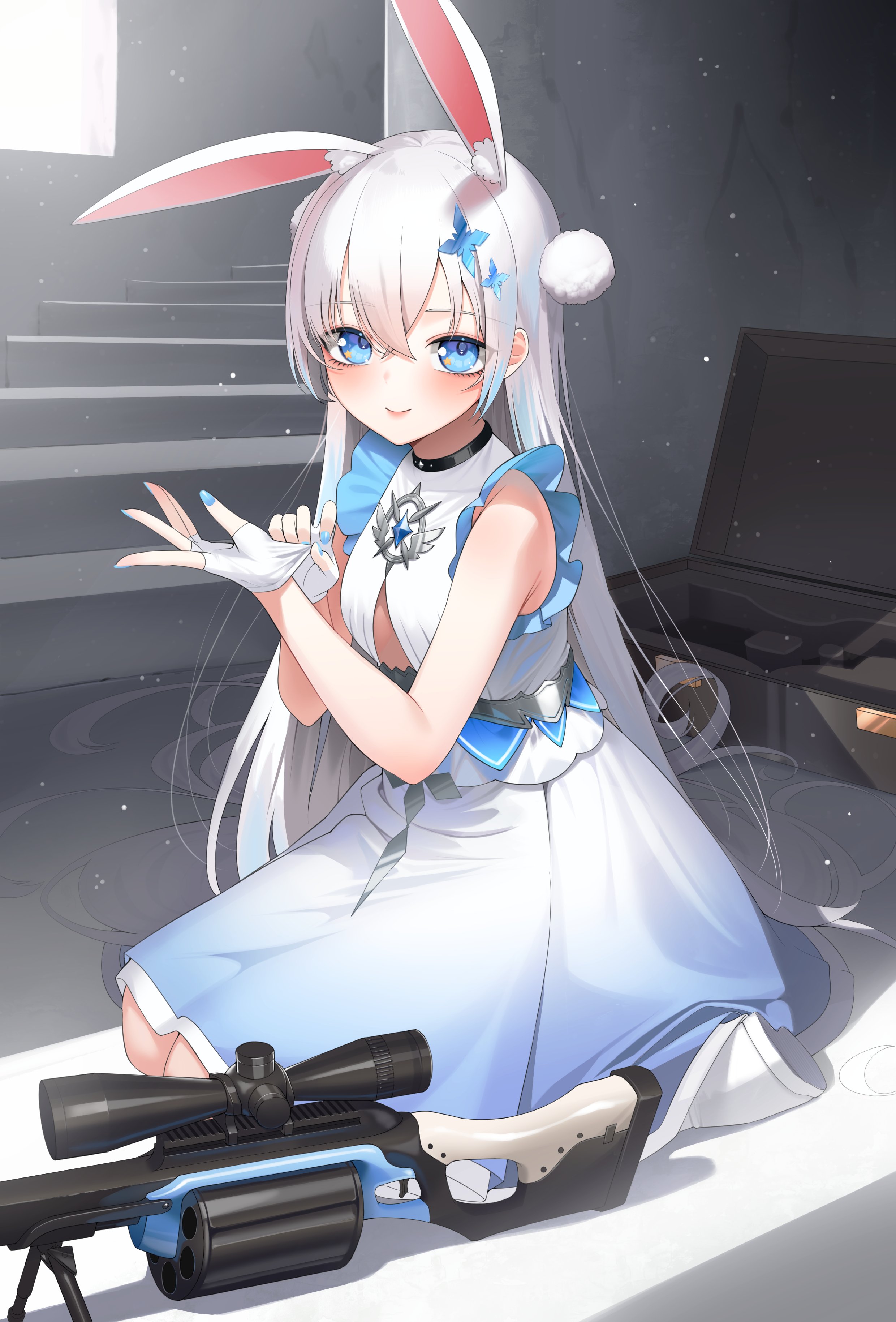 vaughnilla, shirousa mikumi, vols, absurdres, commentary, highres, symbol-only commentary, 1girl, animal ears, blue dress, blue eyes, blue nails, closed mouth, dress, fingerless gloves, gloves, gradient clothes, gradient dress, gun, hair ornament, pom pom (clothes), pom pom hair ornament, rabbit ears, rabbit girl, rifle, shadow, smile, sniper rifle, solo, stairs, star (symbol), star in eye, symbol in eye, virtual youtuber, weapon, white dress, white gloves