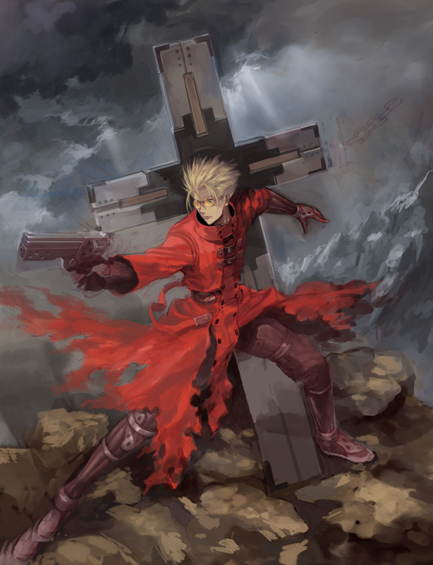 kaiseki, vash the stampede, trigun, 1boy, agl arms .45 long colt, blonde hair, break-action revolver, coat, cross, gun, handgun, high collar, long coat, low bore axis revolver, male focus, manly, mechanical arms, mechanical legs, prosthesis, prosthetic arm, prosthetic leg, red coat, revolver, short hair, single mechanical arm, single mechanical leg, solo, spiked hair, sunglasses, torn clothes, trench coat, weapon