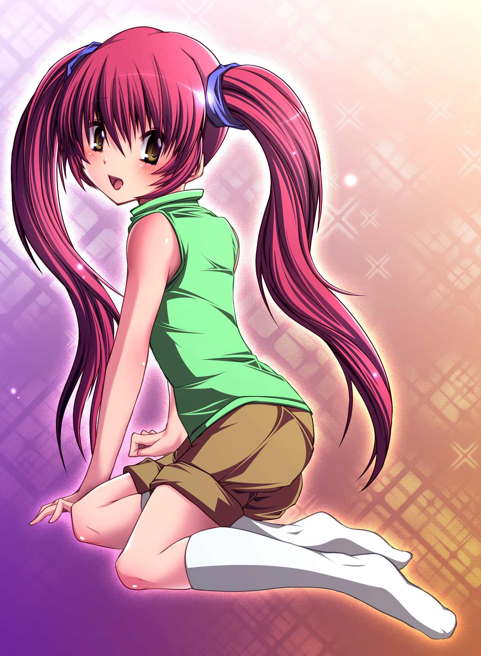 shin (applique), michiru (air), air (visual novel), highres, 00s, brown eyes, long hair, looking back, red hair, socks, solo, twintails