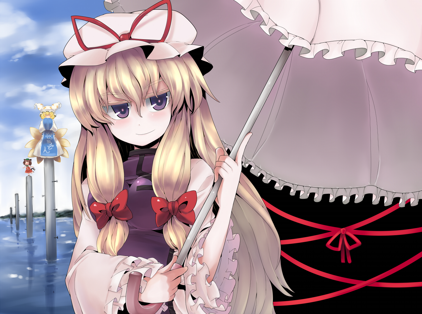 hitsuji bako, chen, yakumo ran, yakumo yukari, touhou, 3girls, animal ears, animal hat, blonde hair, blue sky, bow, brown hair, cat ears, cat girl, cat tail, cloud, cloudy sky, day, female focus, flood, fox tail, frilled sleeves, frills, hair bow, hands in opposite sleeves, hat, hat ribbon, holding, long hair, long sleeves, mob cap, multiple girls, multiple tails, outdoors, purple eyes, reflection, ribbon, short hair, sky, solo focus, tail, tassel, umbrella, utility pole, wide sleeves